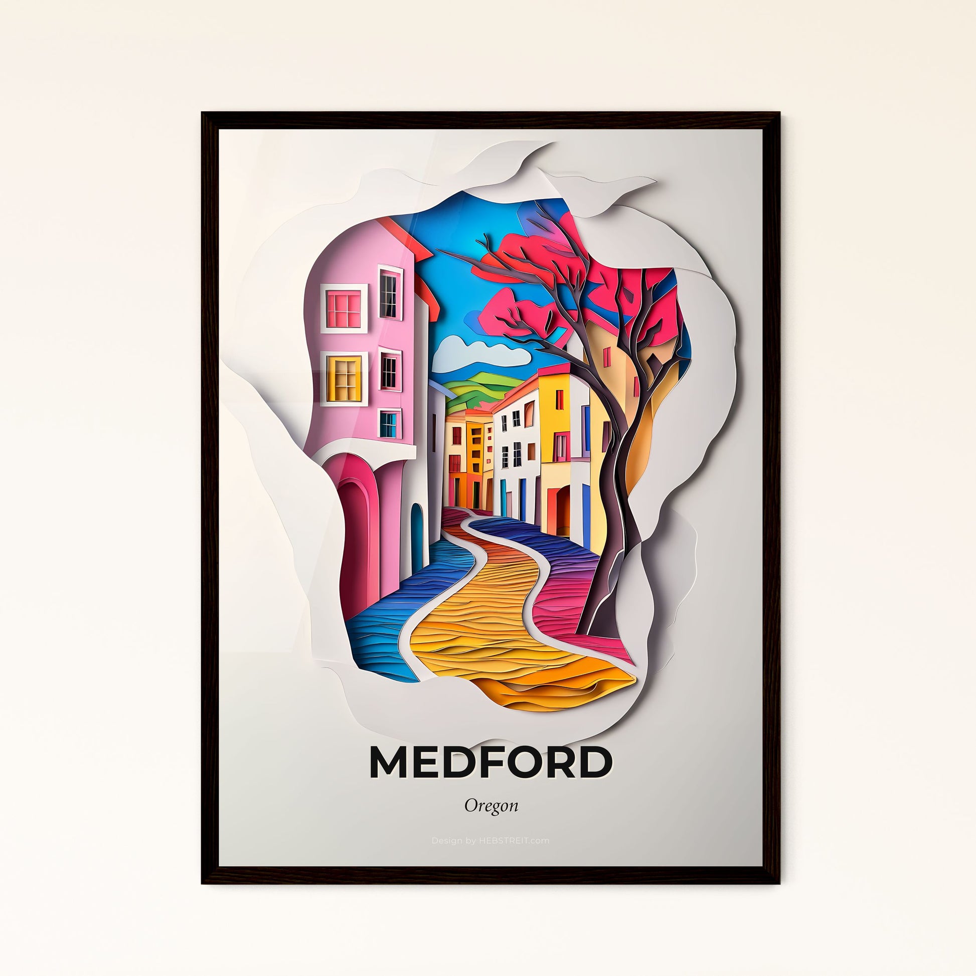 Vivid Medford, Oregon - a paper cut of a colorful street with a tree