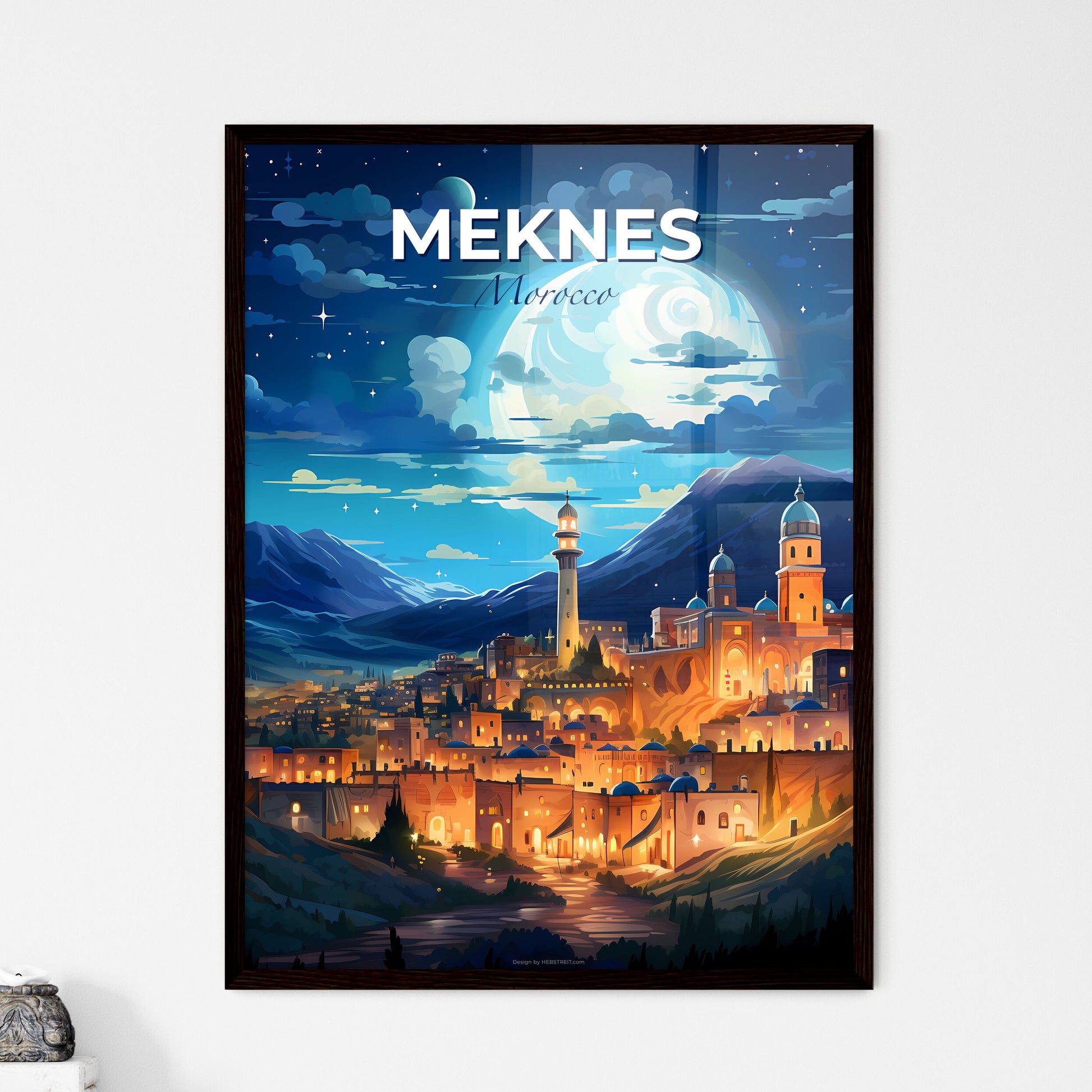 Vibrant Painting of Meknes Skyline, Morocco, Showcasing City Lights and Mountain Landscape Default Title