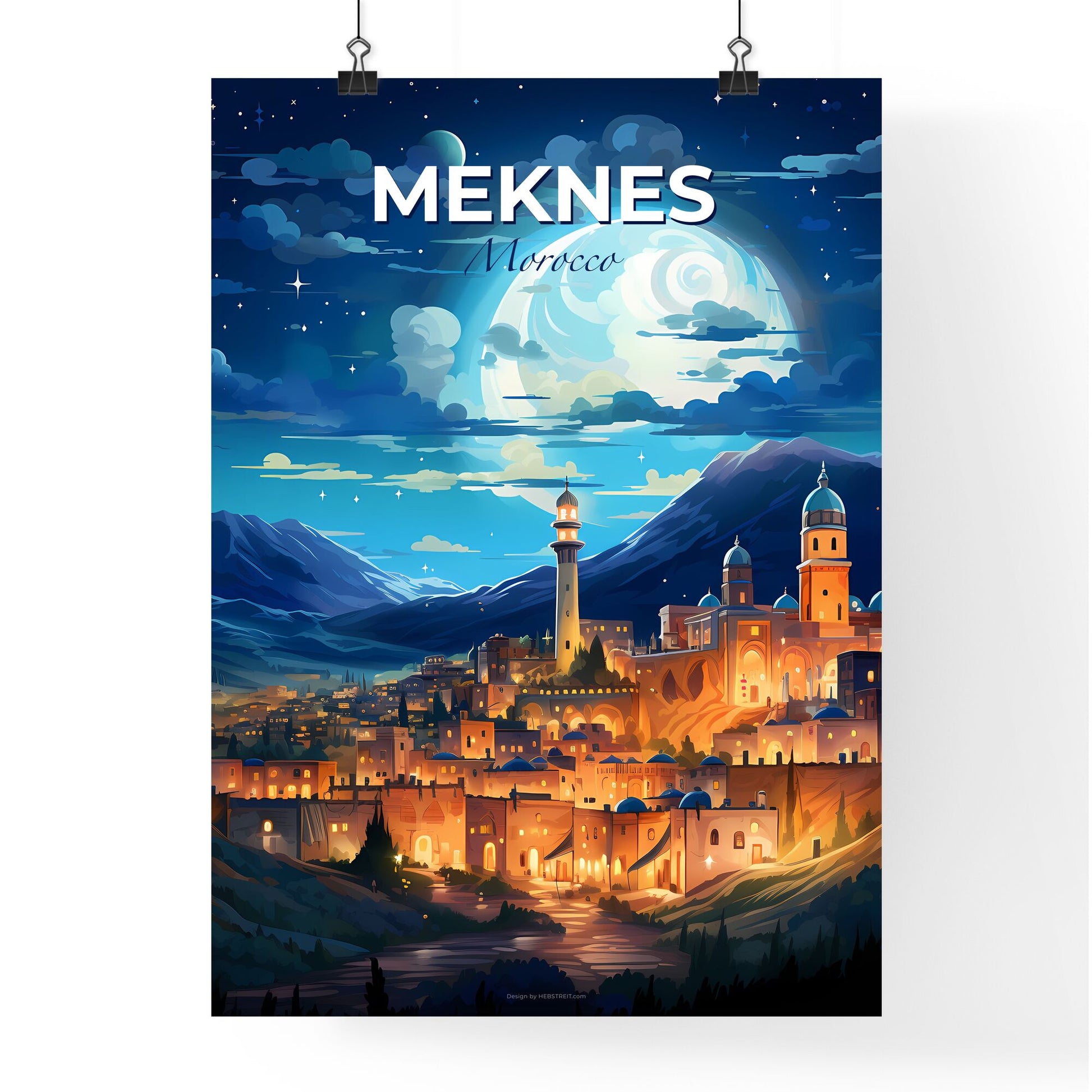 Vibrant Painting of Meknes Skyline, Morocco, Showcasing City Lights and Mountain Landscape Default Title