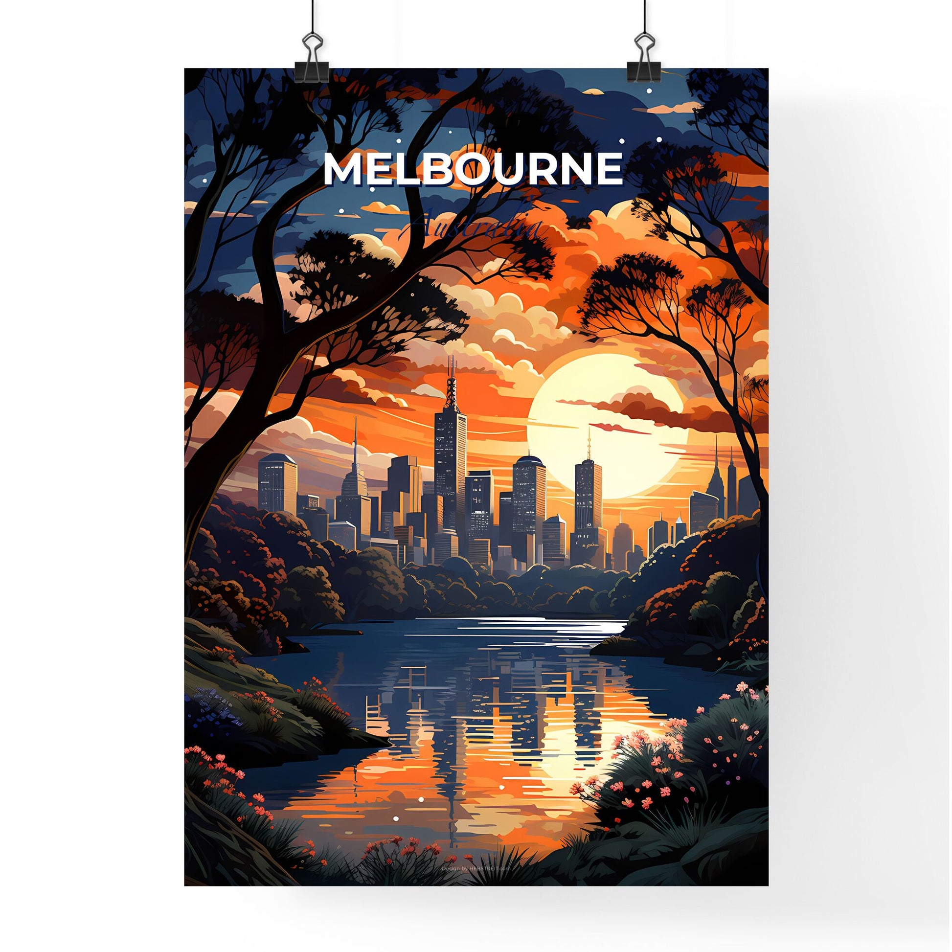 Vibrant Sunset Painting over River with City Skyline and Trees for Wall Art Decoration Default Title