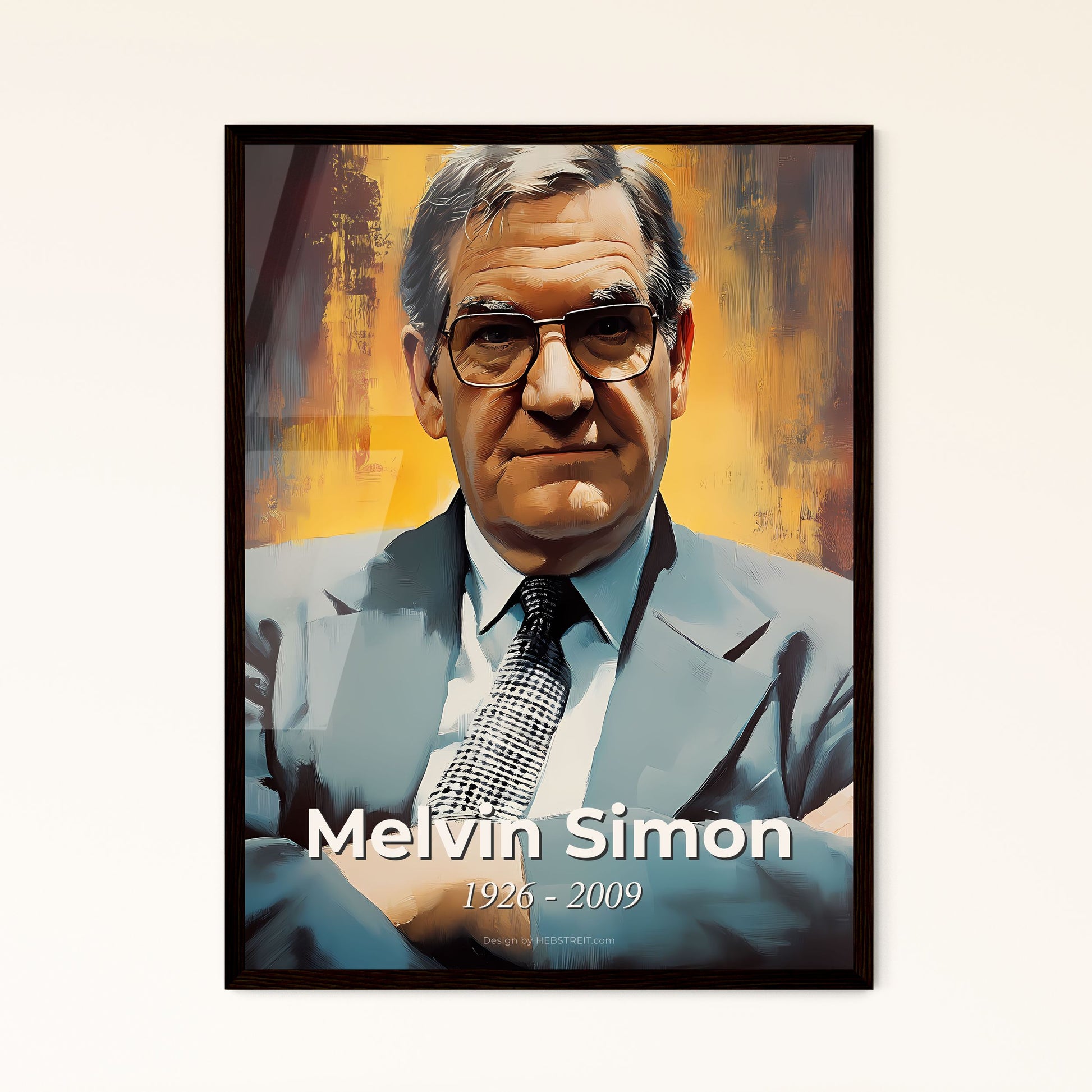 Portrait of Melvin Simon, 1926 - 2009. Impressionistic painting of a man in a suit and tie.