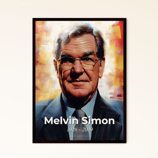 Portrait of Melvin Simon, 1926 - 2009. Impressionistic painting of a man in a suit and tie.