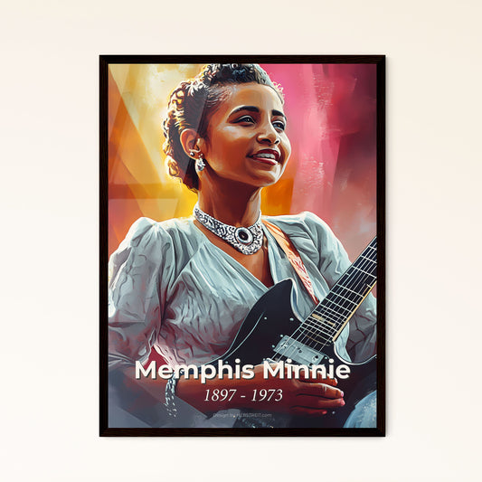 Portrait of Memphis Minnie, 1897 - 1973. Impressionistic painting of a woman holding a guitar.