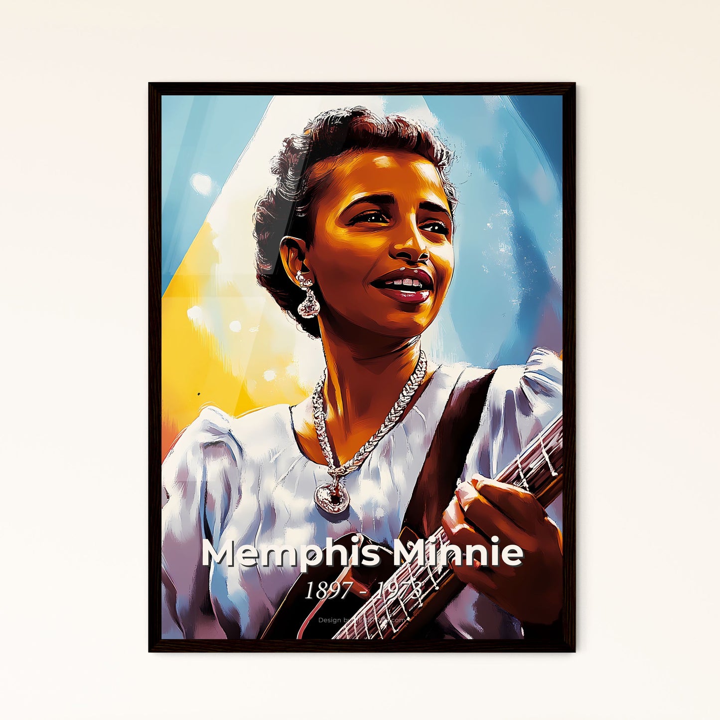 Portrait of Memphis Minnie, 1897 - 1973. Impressionistic painting of a woman playing a guitar.