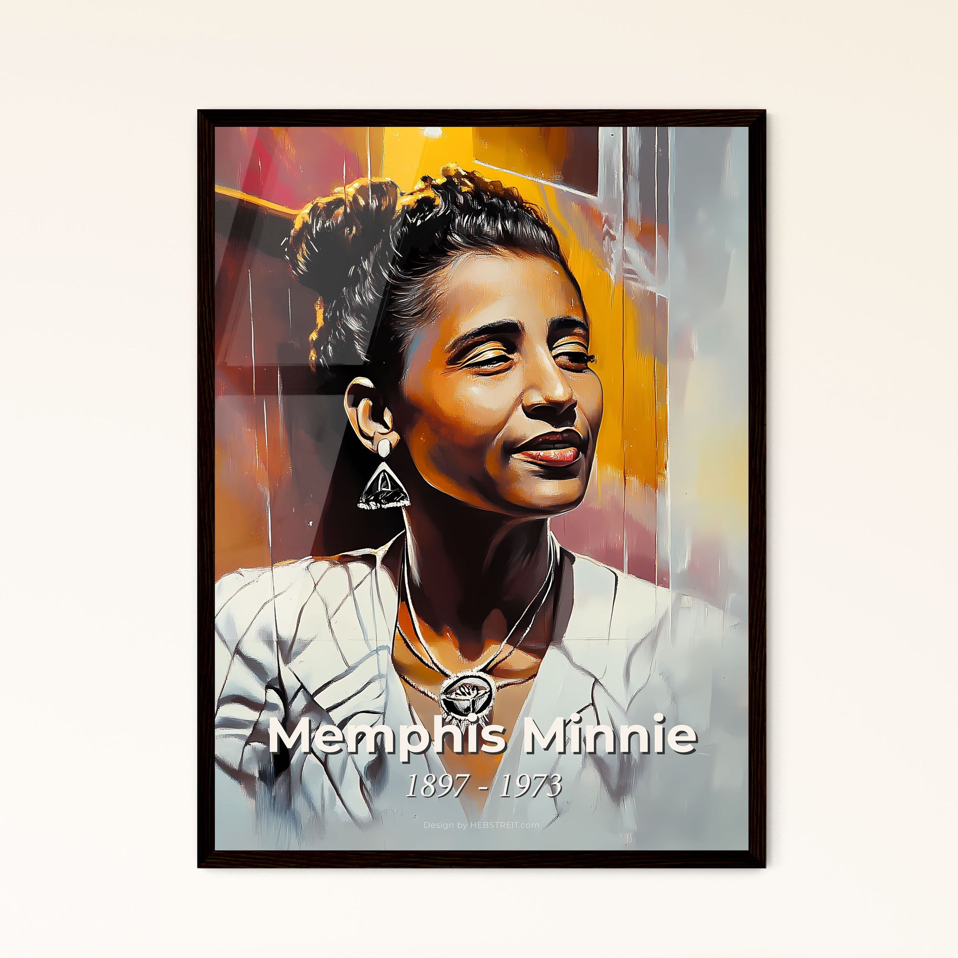 Portrait of Memphis Minnie, 1897 - 1973. Impressionistic painting of a woman with a bun in her hair.