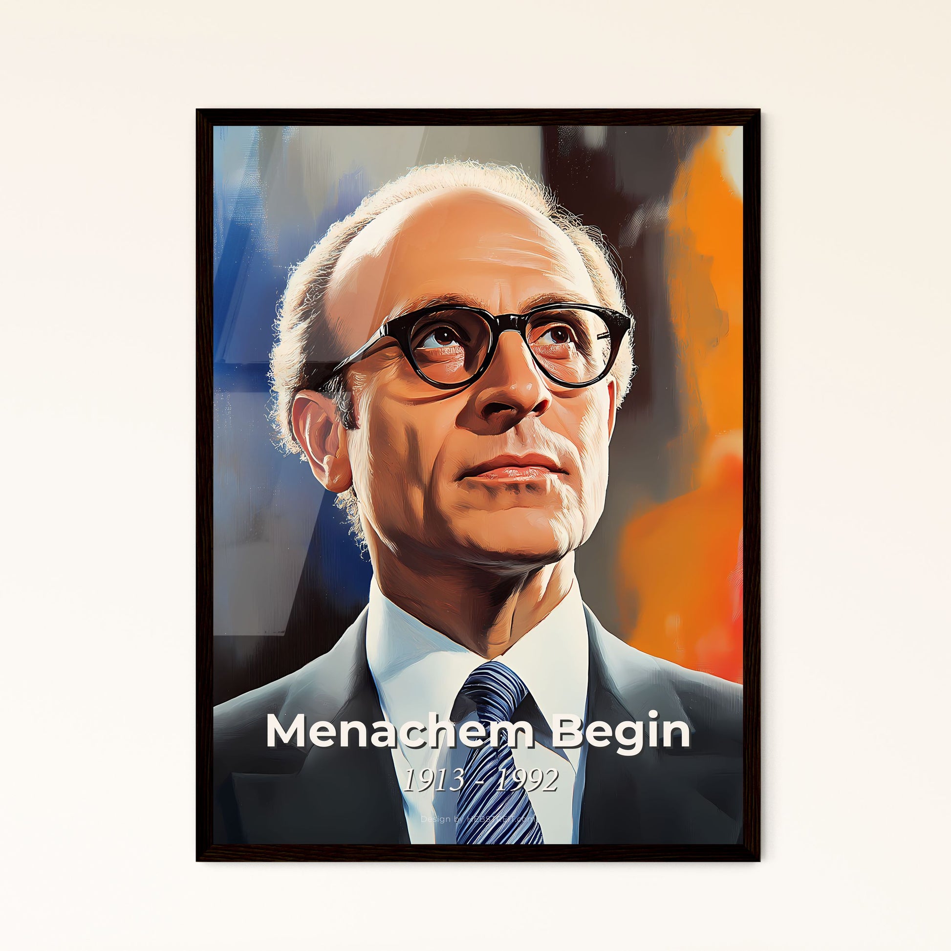 Portrait of Menachem Begin, 1913 - 1992. Impressionistic painting of a man in a suit and tie.