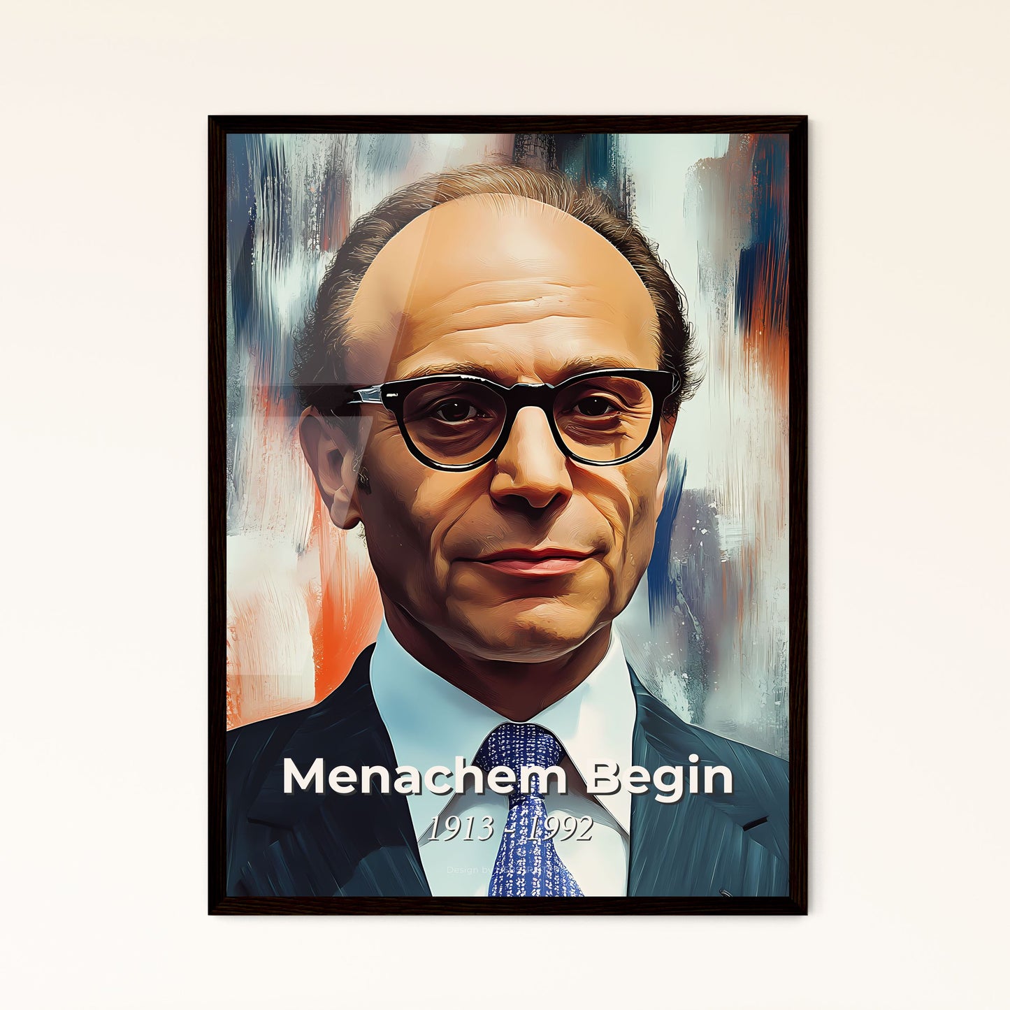 Portrait of Menachem Begin, 1913 - 1992. Impressionistic painting of a man in a suit and tie.