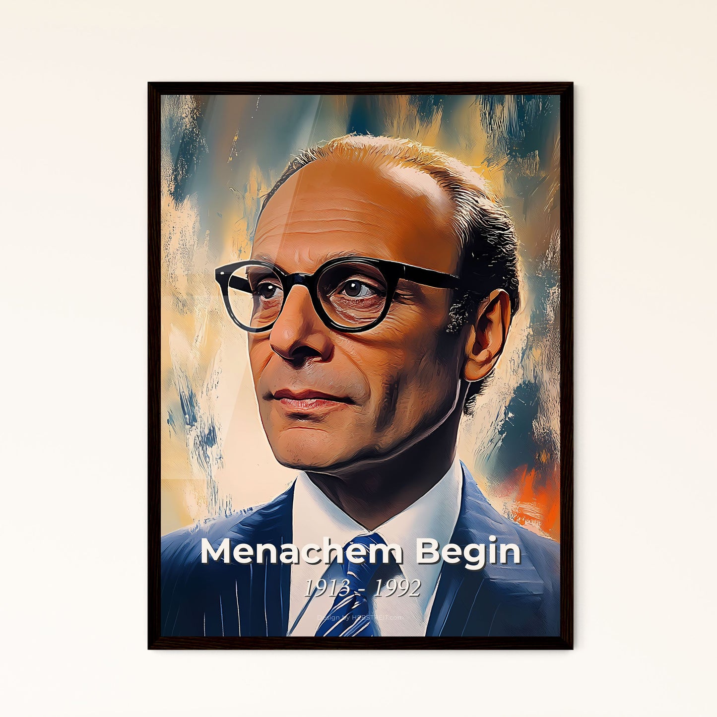 Portrait of Menachem Begin, 1913 - 1992. Impressionistic painting of a man in a suit and tie.