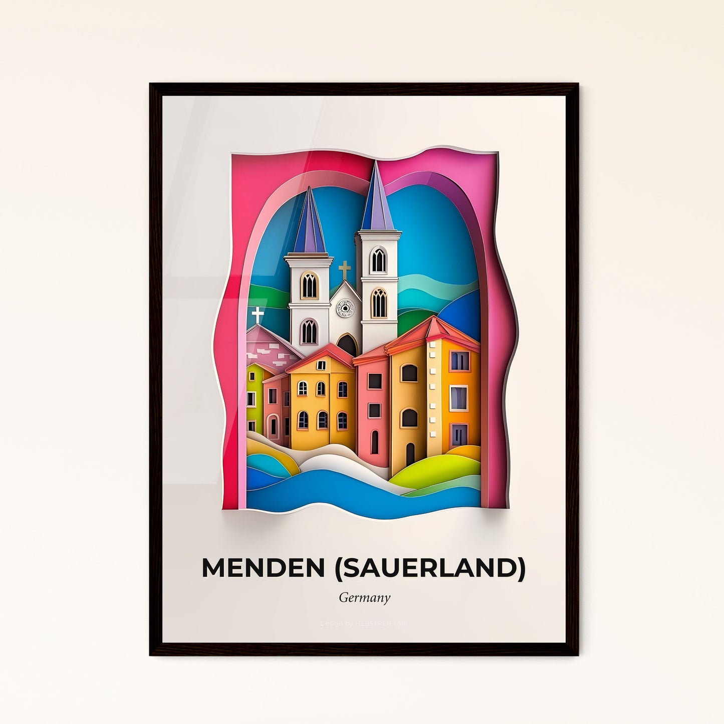 Vivid Menden (Sauerland), Germany - a paper cut of a church and a river