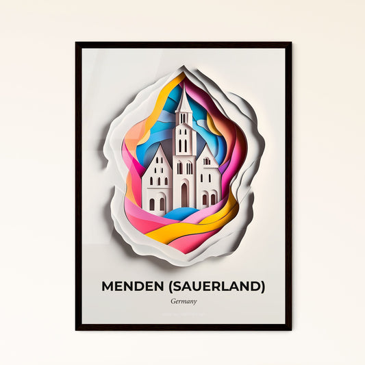 Vivid Menden (Sauerland), Germany - a paper cut of a church with a rainbow swirl