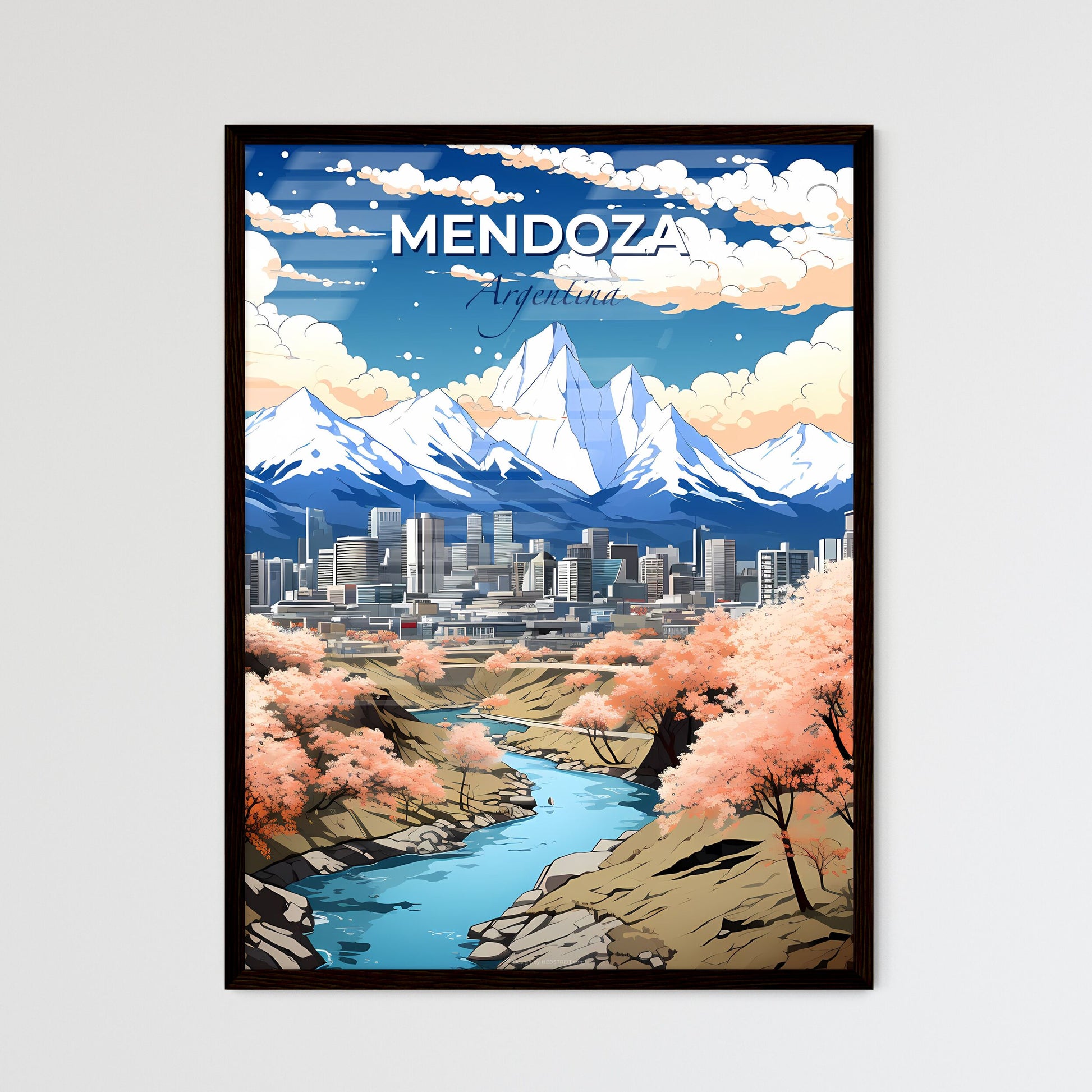 Abstract Artistic Vibrant Mendoza Argentina City Skyline Painting with River Feature Default Title