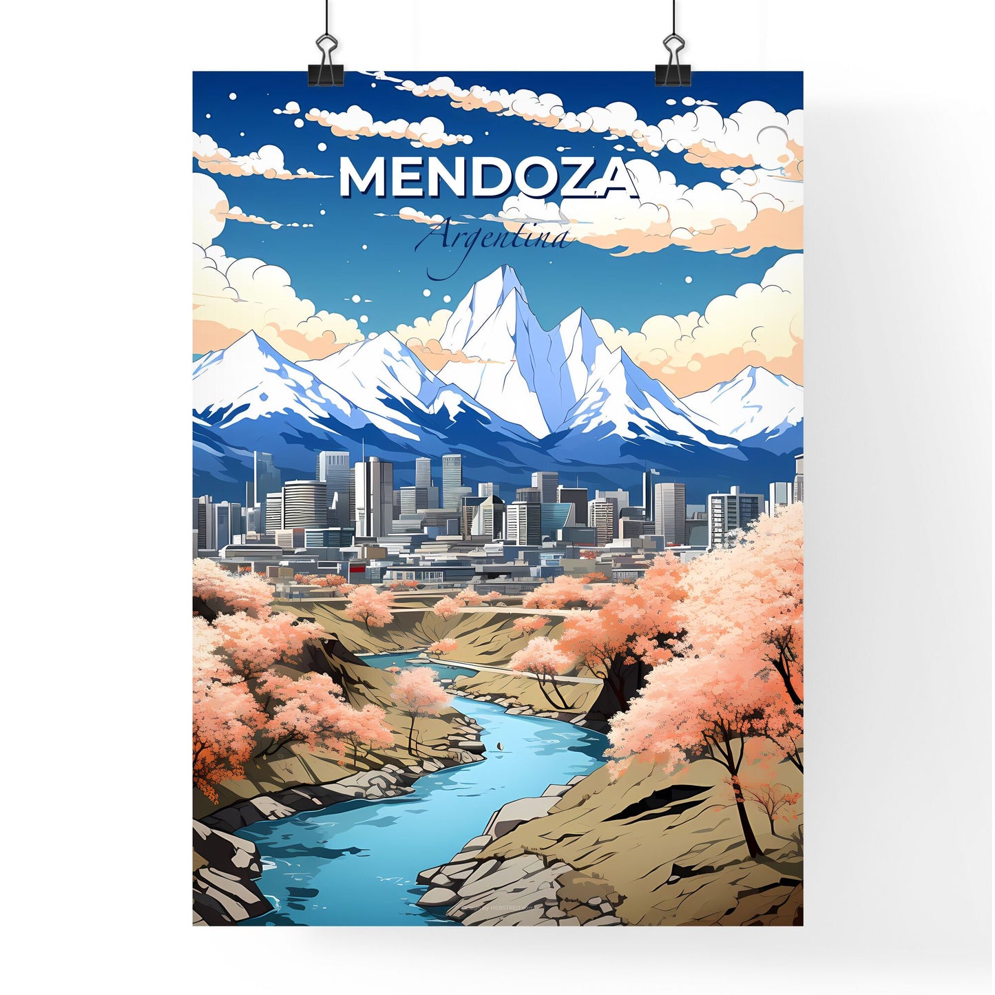 Abstract Artistic Vibrant Mendoza Argentina City Skyline Painting with River Feature Default Title