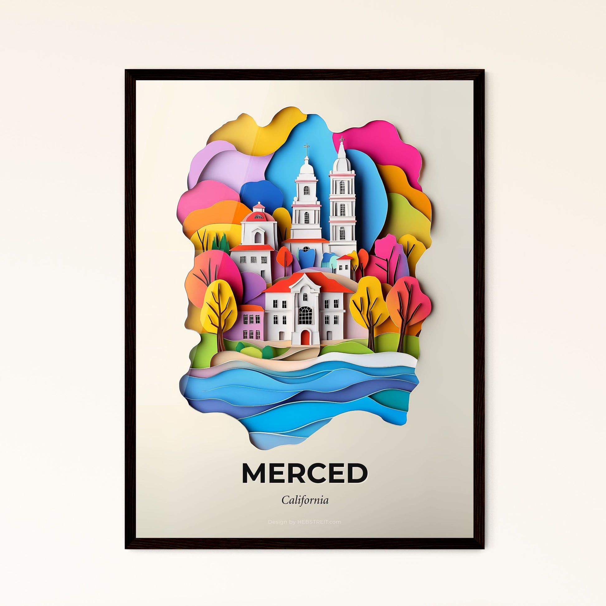 Vivid Merced, California - a paper cut of a church and a river