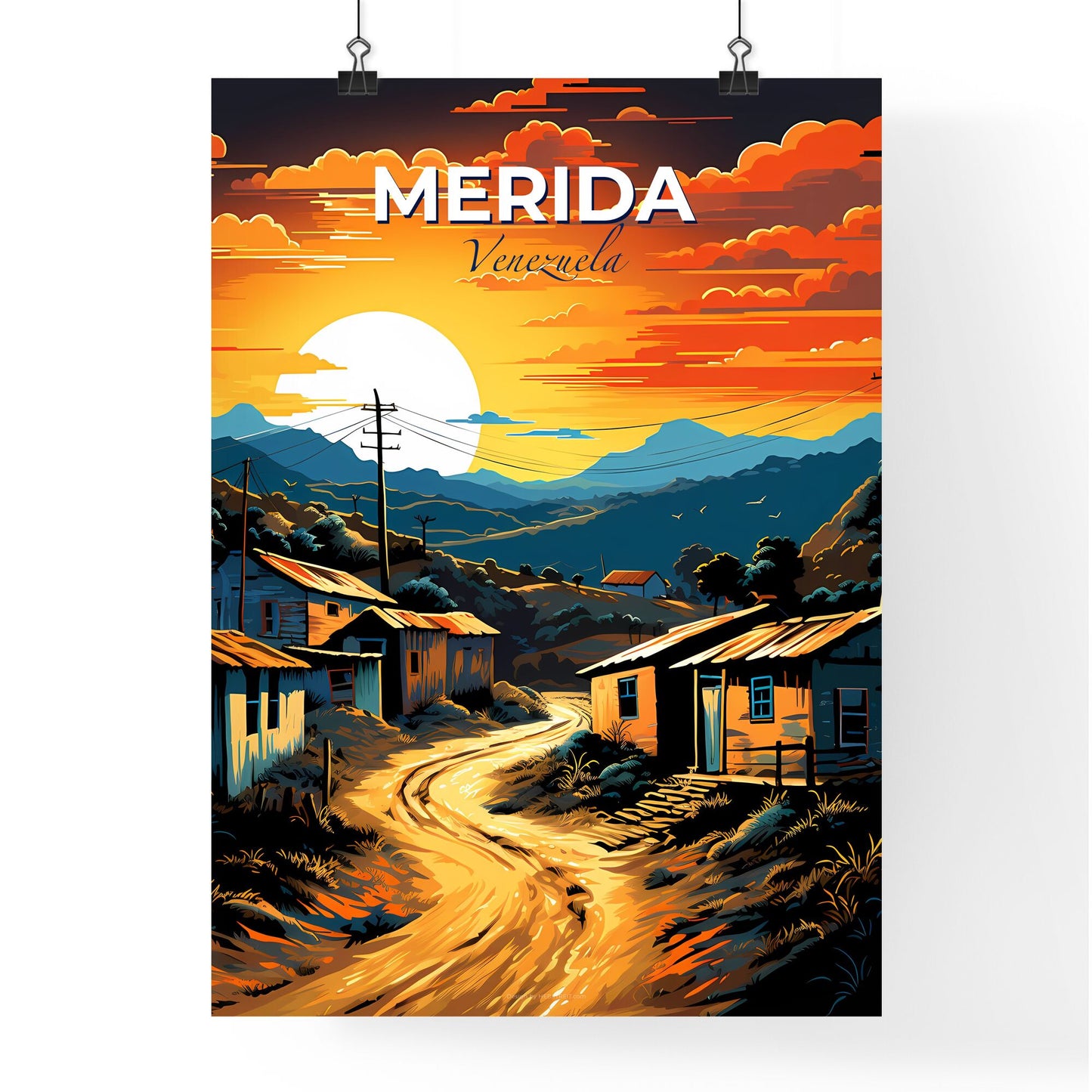 Colorful Village Landscape Painting: Merida Venezuela Skyline Road Mountains Default Title