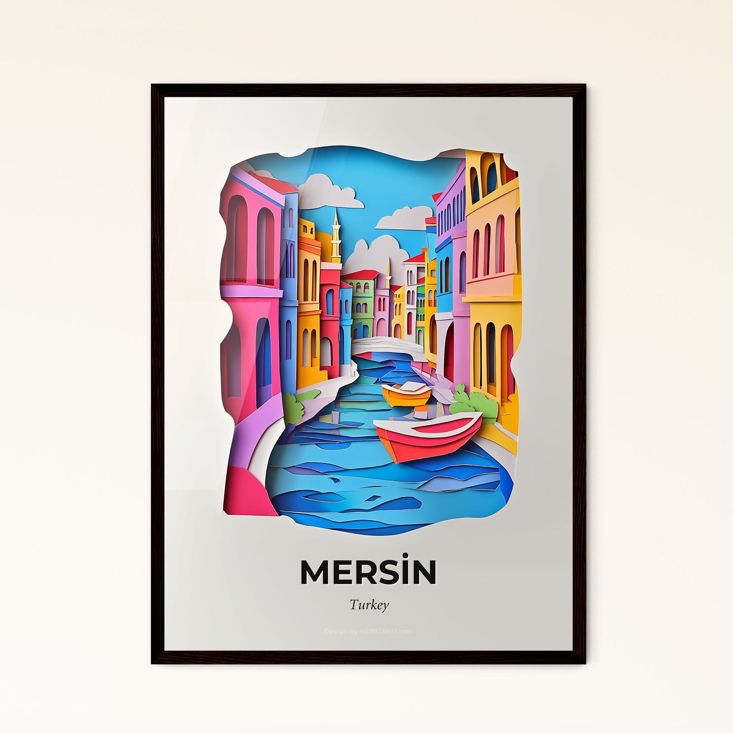 Vivid Mersin, Turkey - a paper cut of a canal with boats