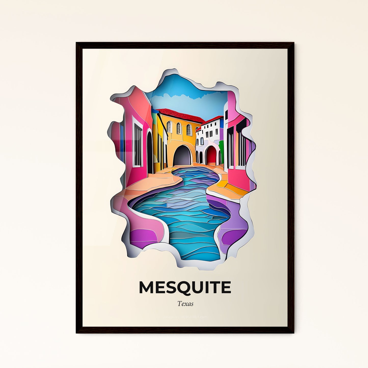 Vivid Mesquite, Texas - a colorful city scene with a river and buildings