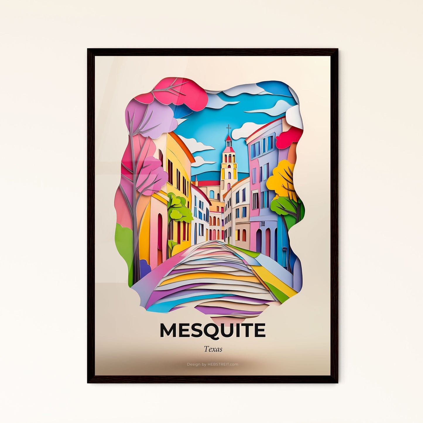 Vivid Mesquite, Texas - a paper cut of a city street with a church steeple