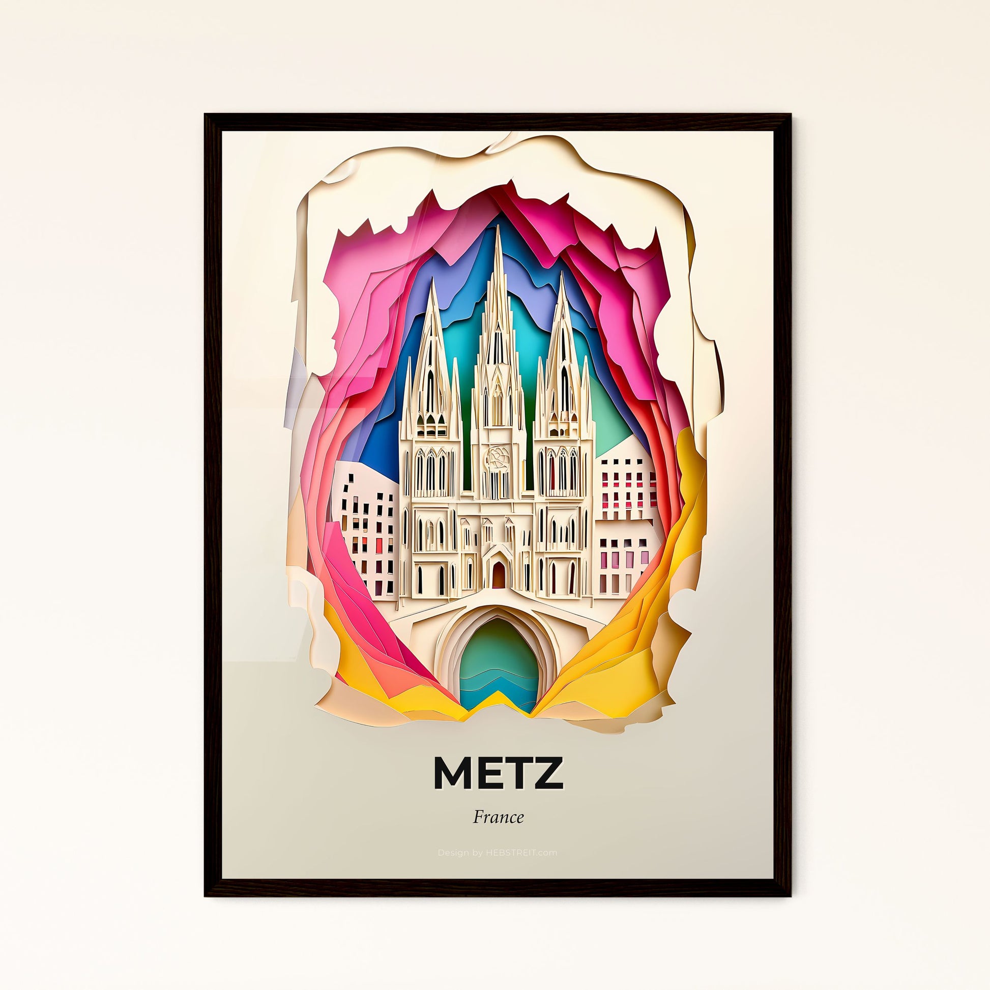 Vivid Metz, France - a paper cut of a cathedral with a rainbow sky