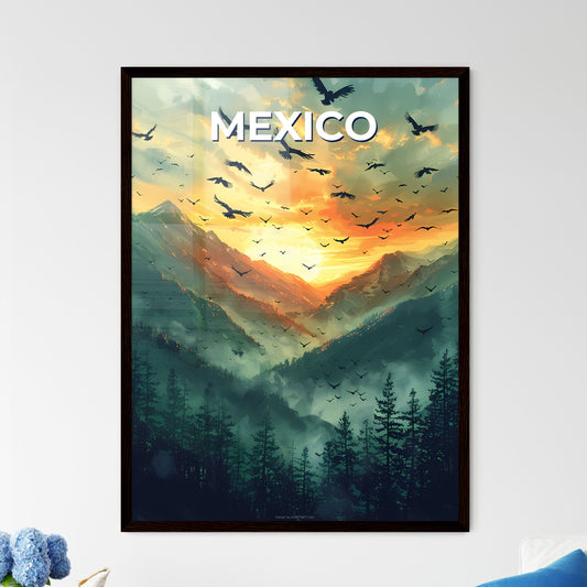 Vibrant Mexican painting depicting a flock of birds soaring over majestic mountains in North America