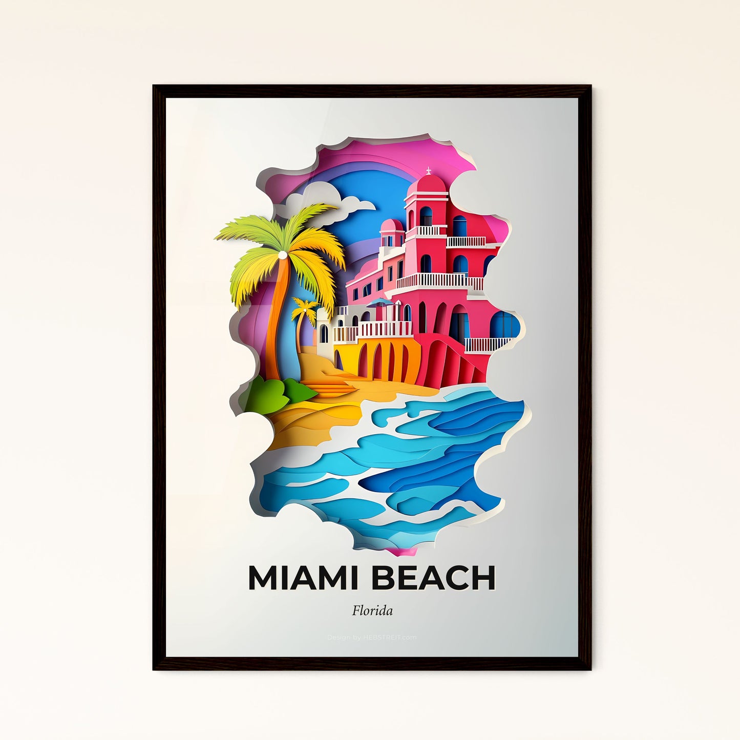 Vivid Miami Beach, Florida - a paper cut of a beach with a house and palm tree