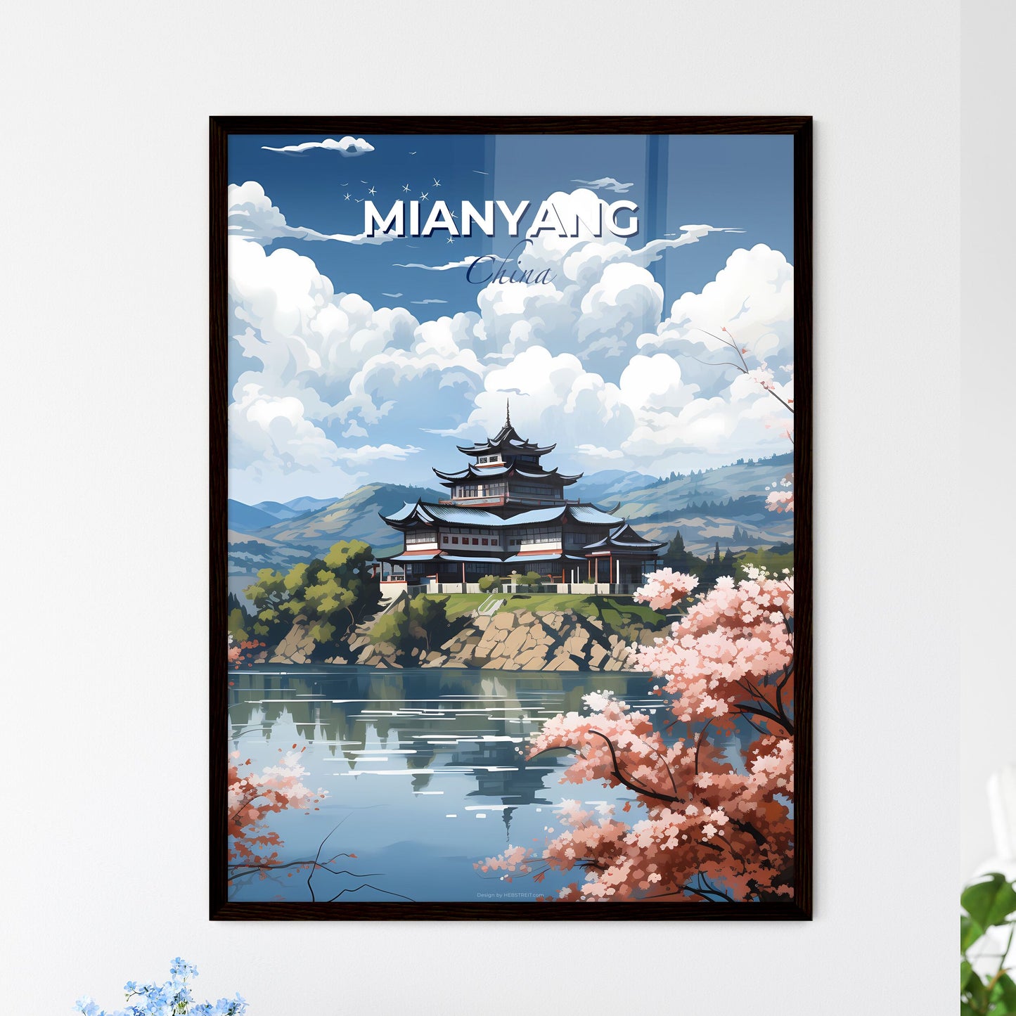 Vibrant Painting of Mianyang China Skyline Depicting Building on Hill Surrounded by Water and Trees Default Title