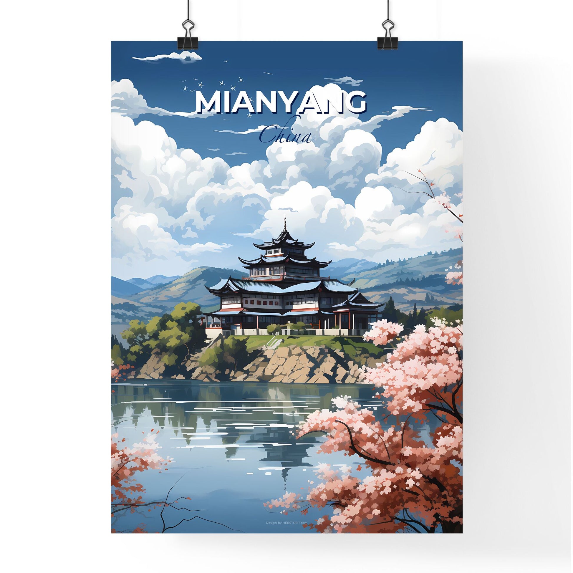 Vibrant Painting of Mianyang China Skyline Depicting Building on Hill Surrounded by Water and Trees Default Title