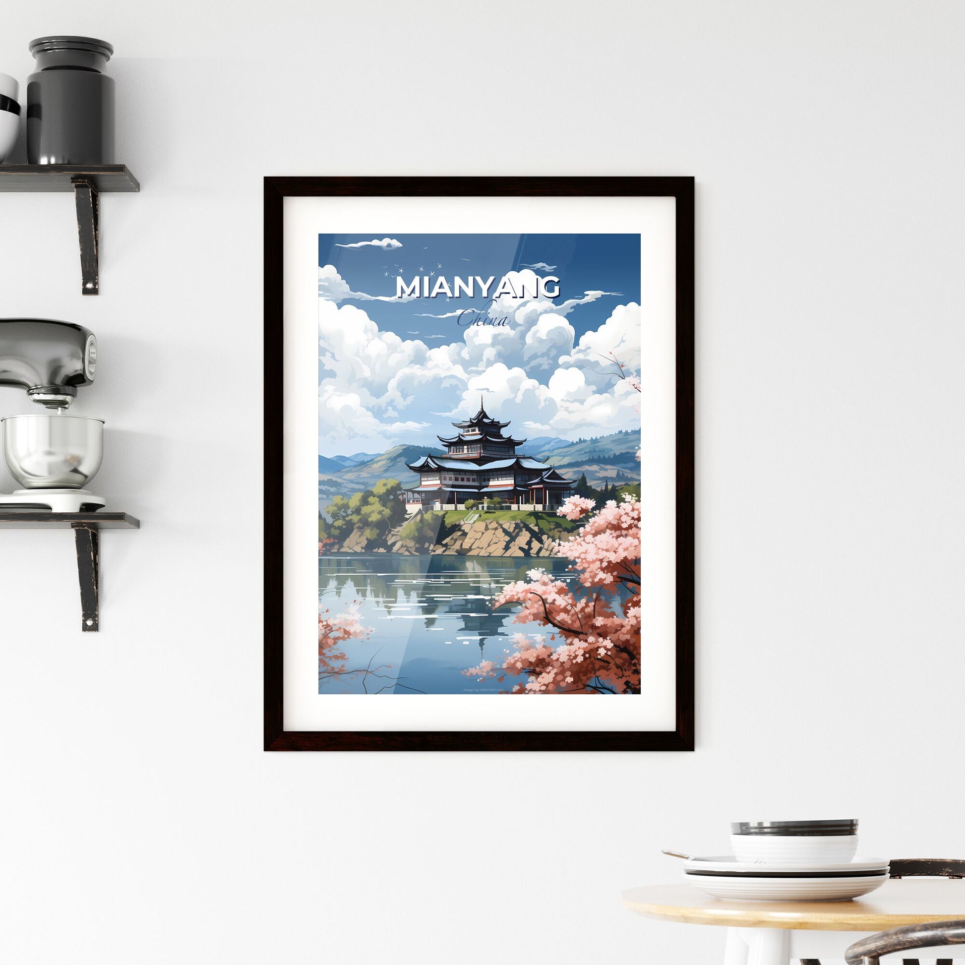 Vibrant Painting of Mianyang China Skyline Depicting Building on Hill Surrounded by Water and Trees Default Title