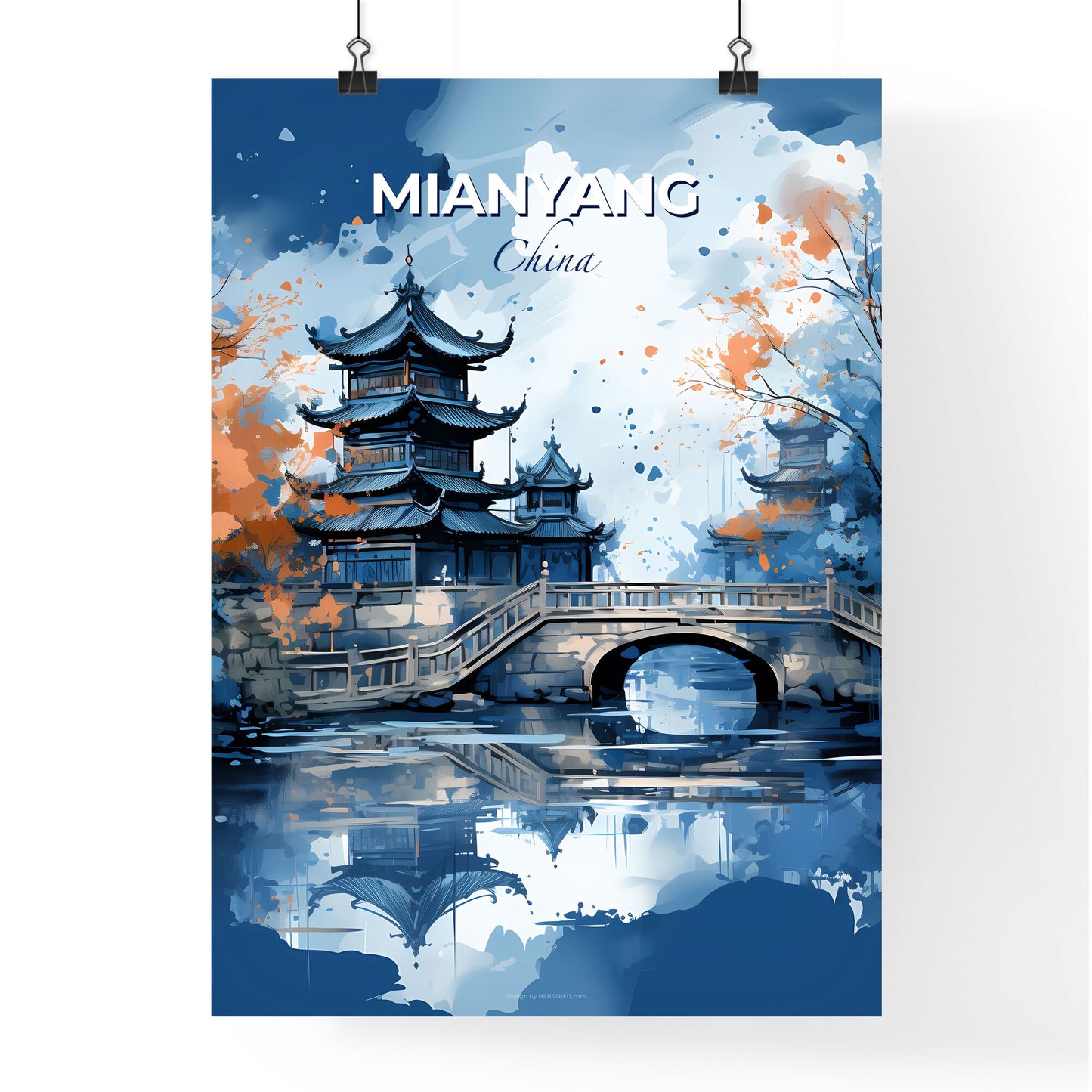 Mianyang China Skyline - Vibrant Painting of a Bridge and Pagoda over Water Artwork Default Title