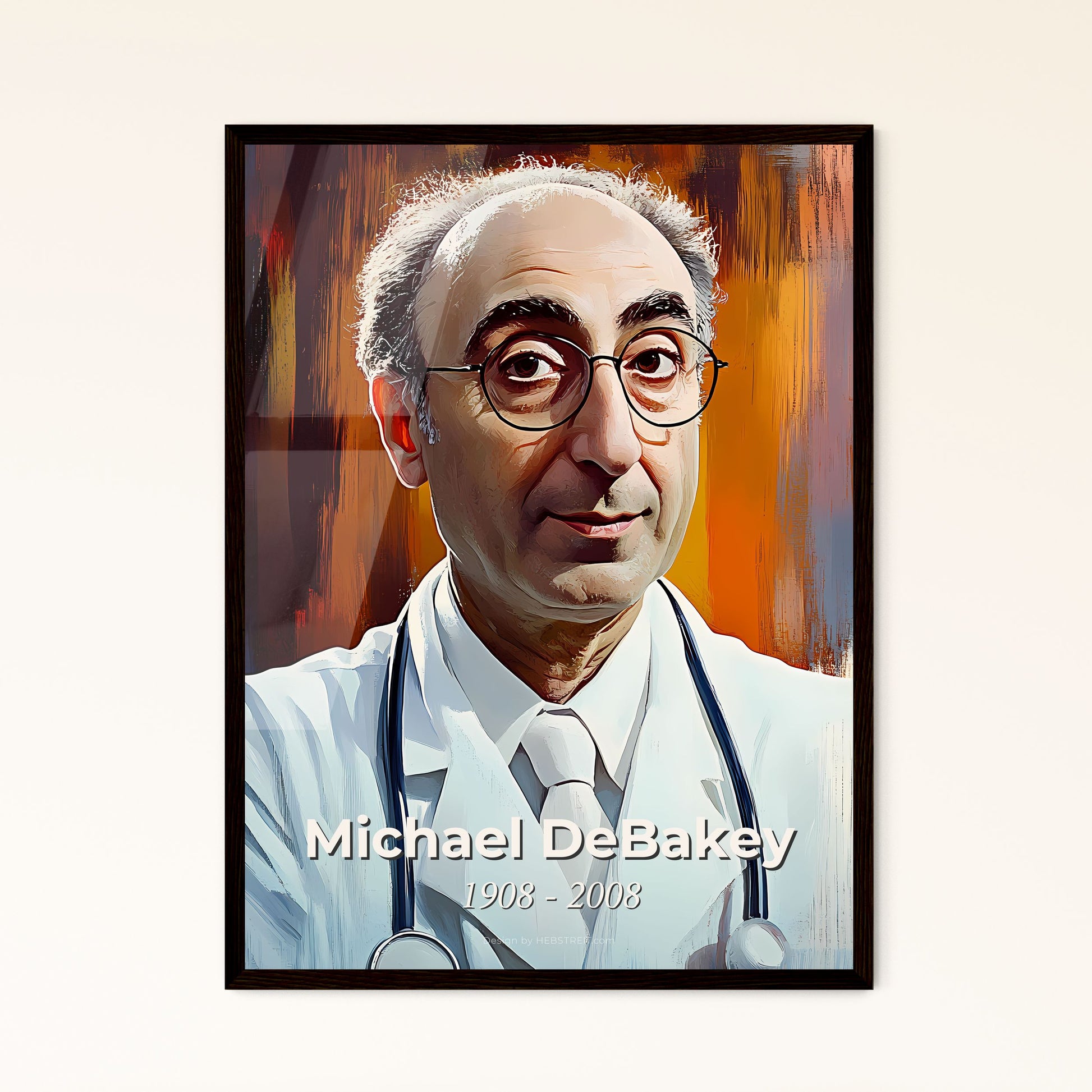 Portrait of Michael DeBakey, 1908 - 2008. Impressionistic painting of a man wearing glasses and a white coat.