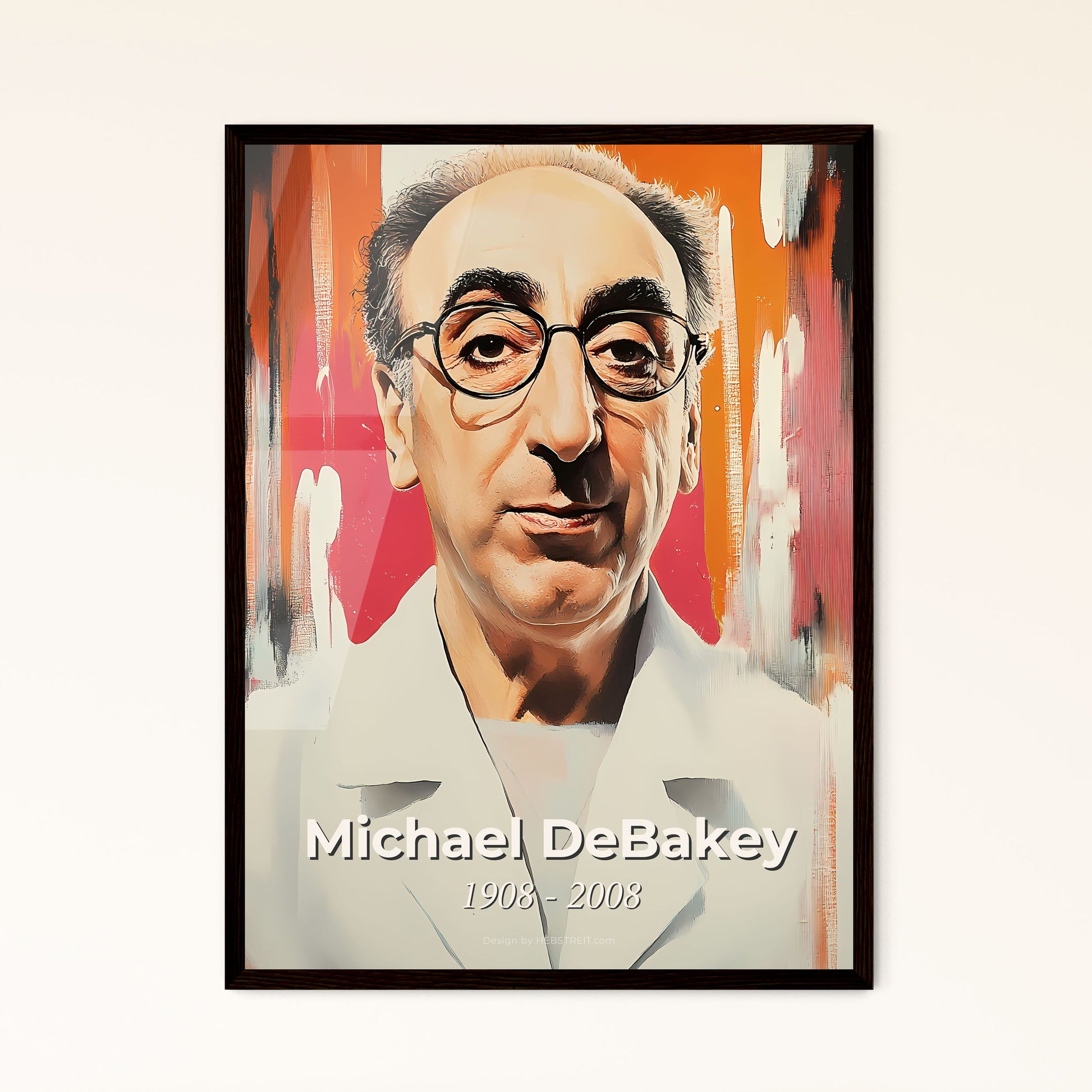 Portrait of Michael DeBakey, 1908 - 2008. Impressionistic painting of a man wearing glasses and a white coat.