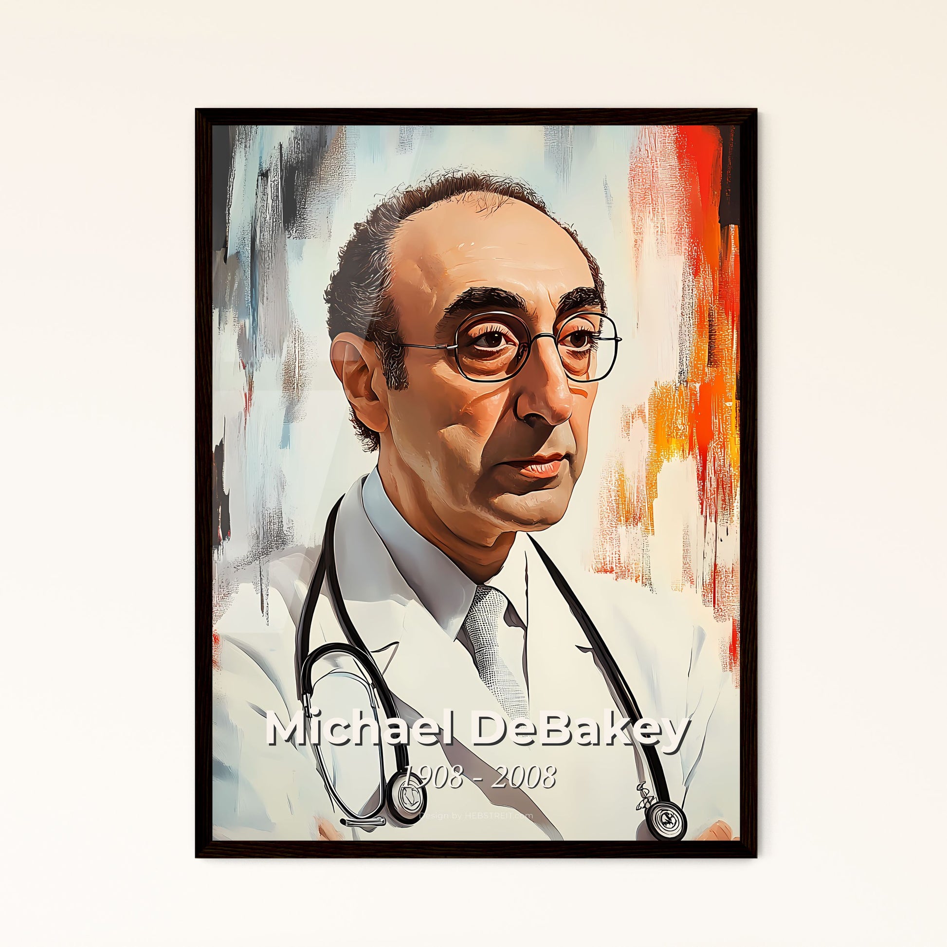 Portrait of Michael DeBakey, 1908 - 2008. Impressionistic painting of a man with glasses and a stethoscope.