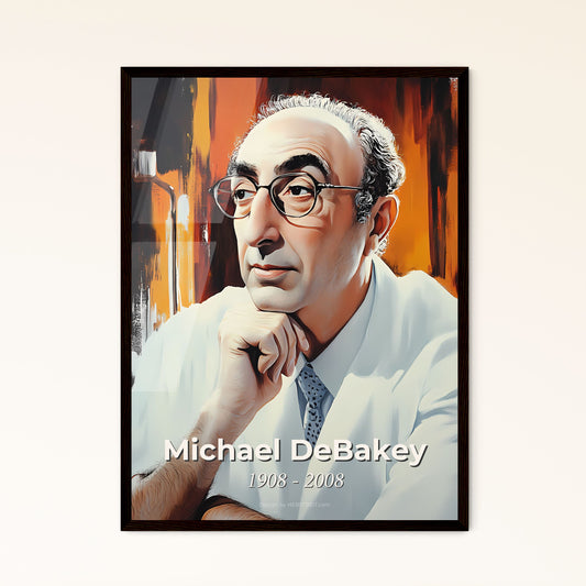 Portrait of Michael DeBakey, 1908 - 2008. Impressionistic painting of a man in a white coat and glasses.