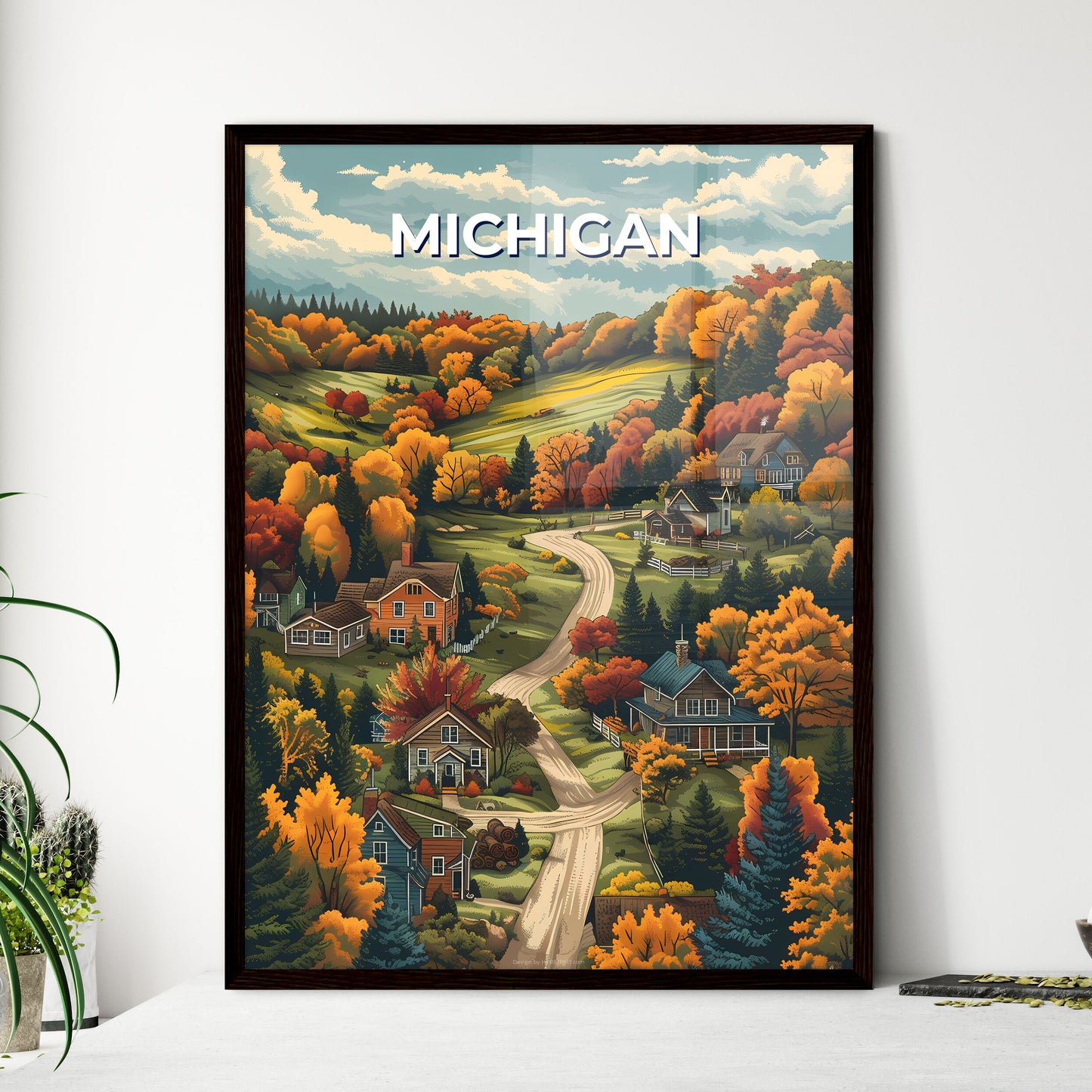 Impressionistic Landscape of Michigan Village, USA, Featuring Houses, Trees, and Artistic Flair