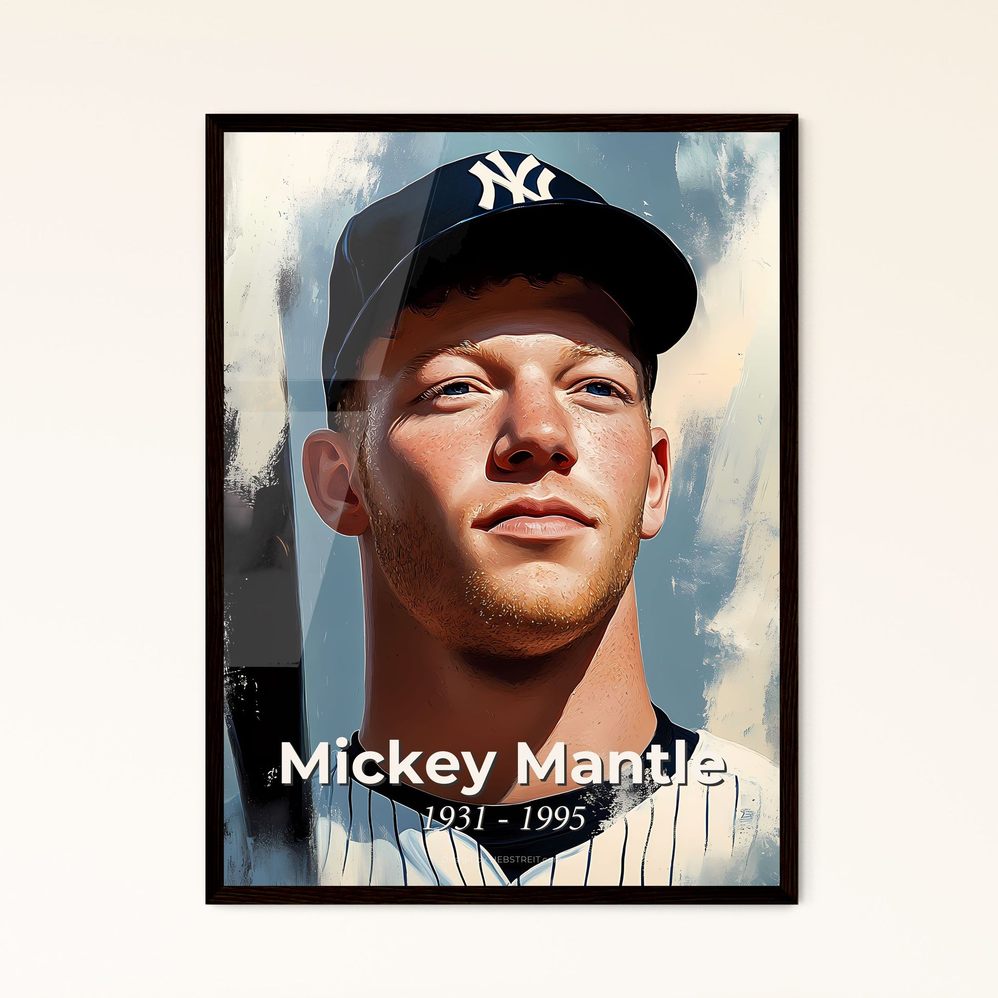 Portrait of Mickey Mantle, 1931 - 1995. Impressionistic painting of a man in a baseball uniform.