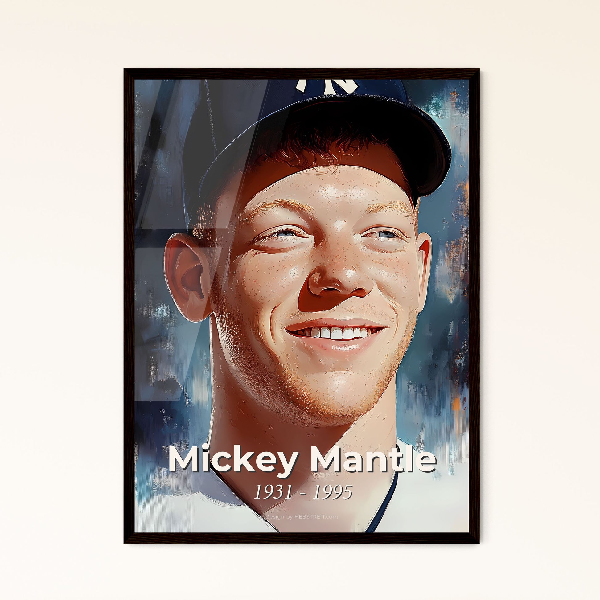 Portrait of Mickey Mantle, 1931 - 1995. Impressionistic painting of a man wearing a baseball cap.