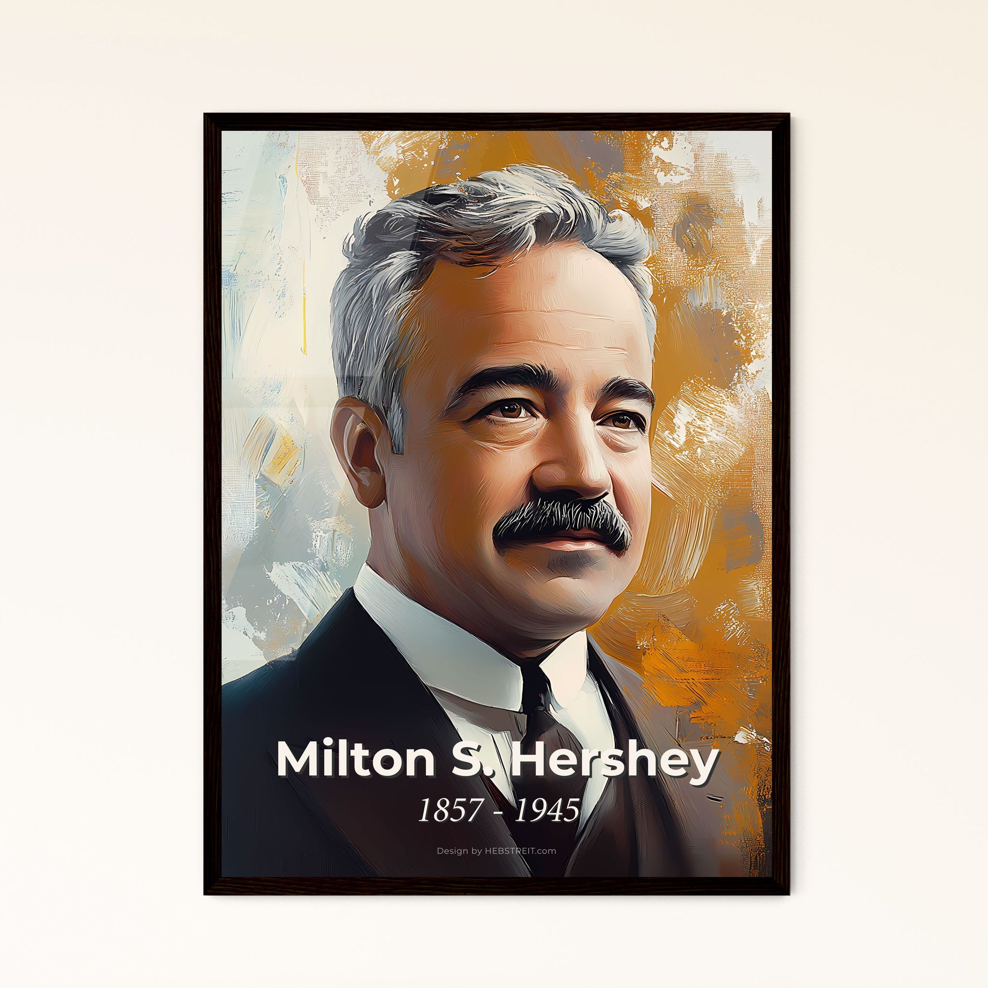 Portrait of Milton S. Hershey, 1857 - 1945. Impressionistic painting of a man with a mustache.