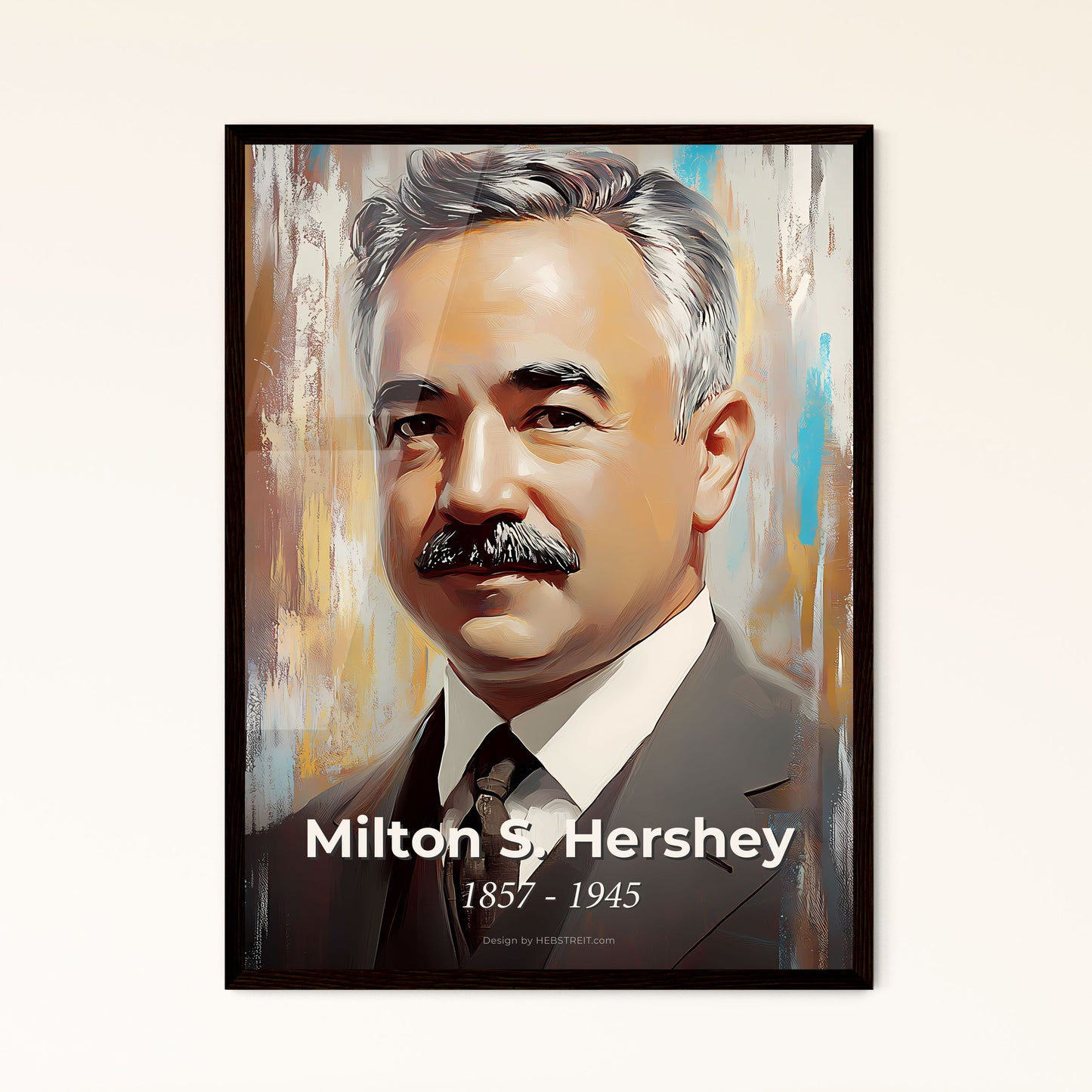 Portrait of Milton S. Hershey, 1857 - 1945. Impressionistic painting of a man with a mustache.