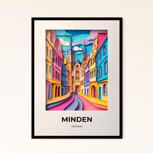 Vivid Minden, Germany - a painting of a city street with a clock tower