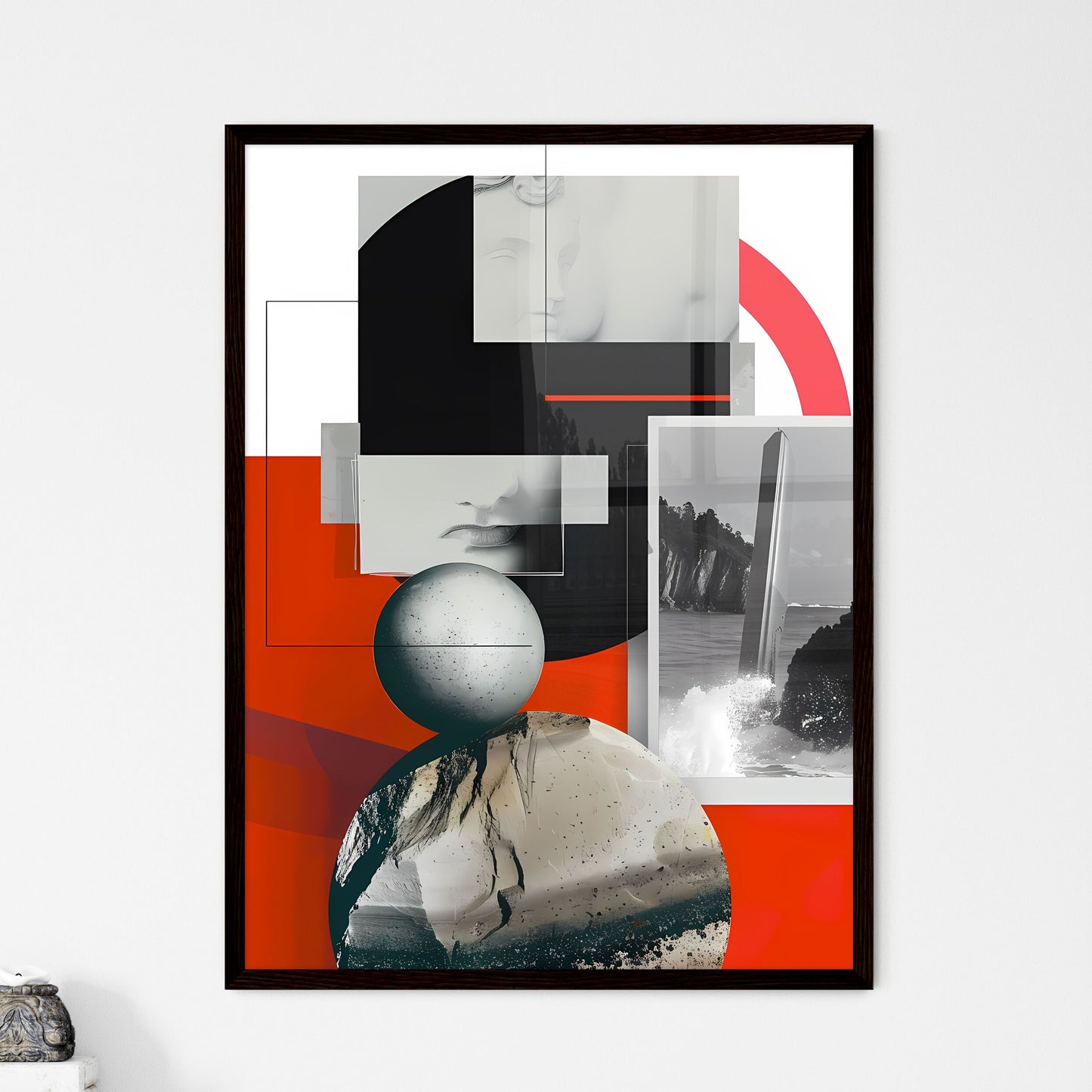 Abstract Collage of Vibrant Paintings with Geometric Sphere, Showcasing Art and Design Default Title