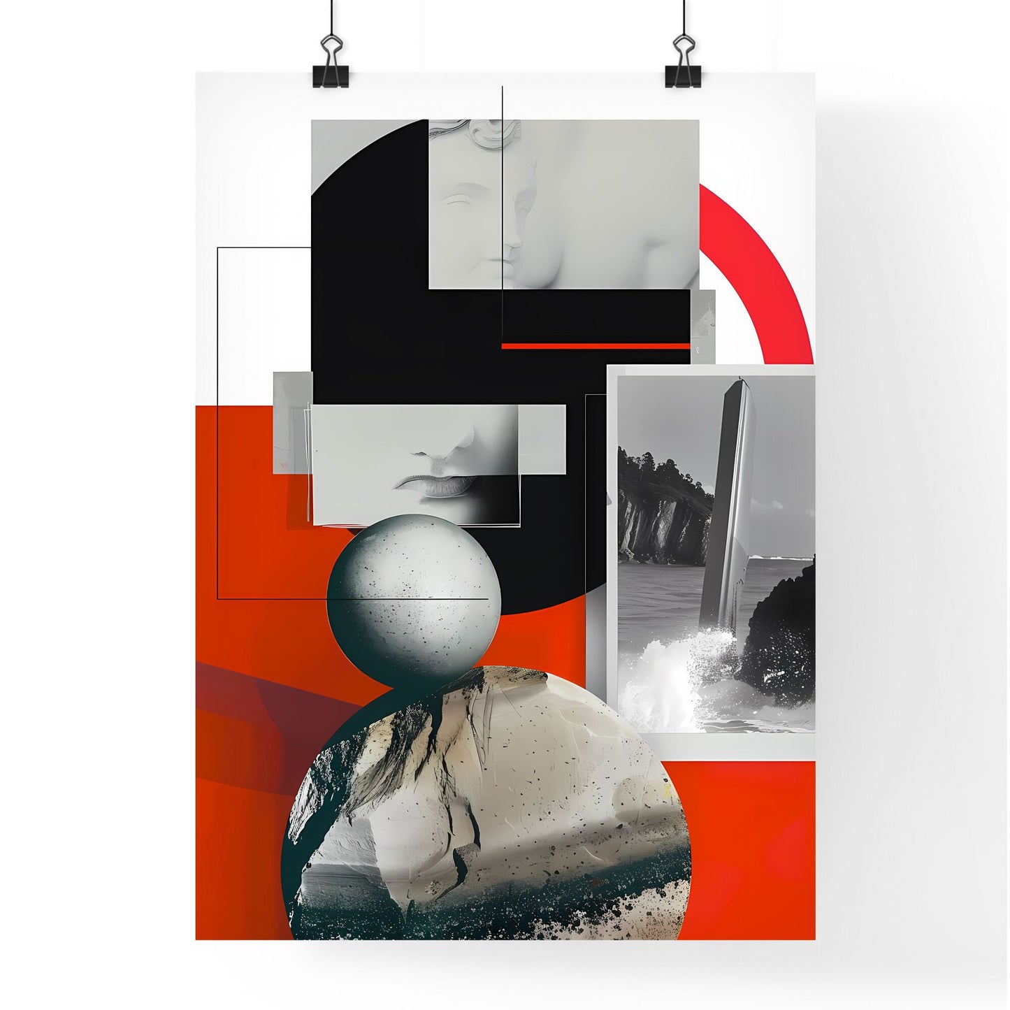 Abstract Collage of Vibrant Paintings with Geometric Sphere, Showcasing Art and Design Default Title