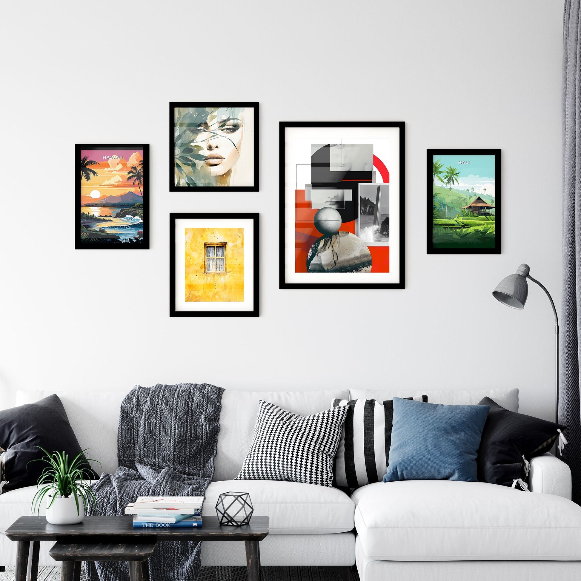 Abstract Collage of Vibrant Paintings with Geometric Sphere, Showcasing Art and Design Default Title