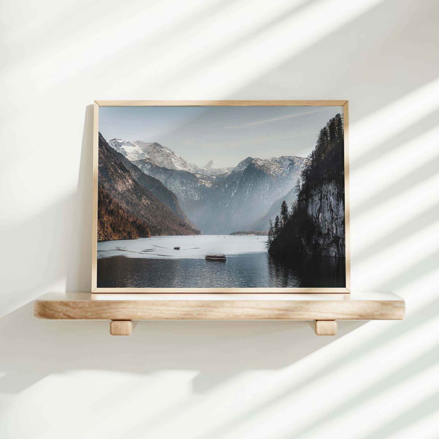 Königssee Lake Print – Bavarian Alps Landscape with Boats and Cliffs