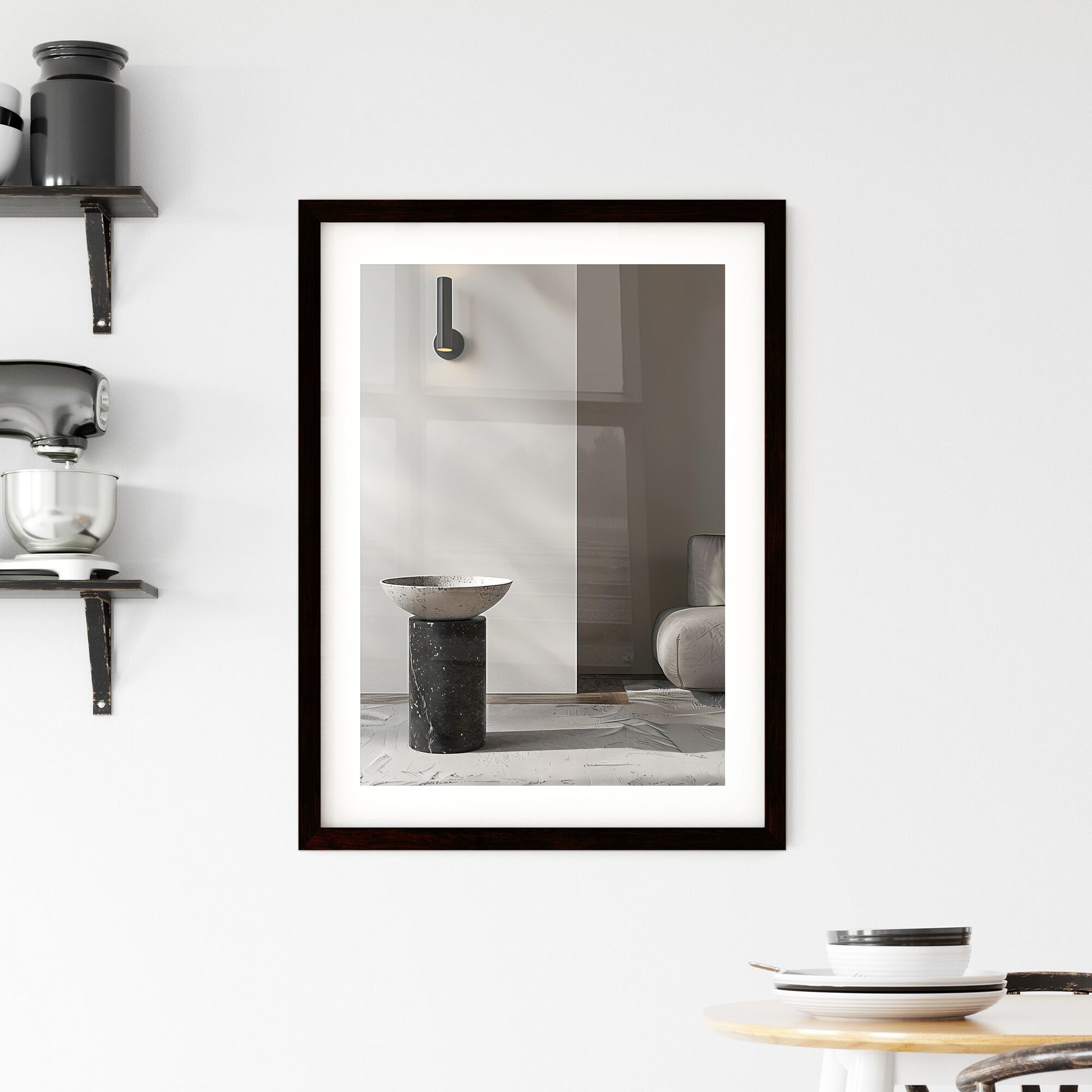 Minimalist black and white side table with concrete bowl and wall light on grey carpet floor, hyper realistic photography, abstract art painting, marble pedestal, round bowl art focus Default Title