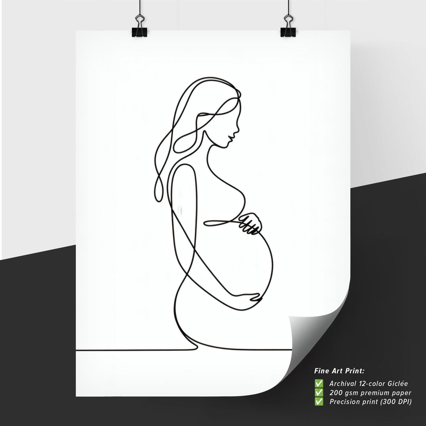 Minimalist Line Art of a Pregnant Woman Embracing Motherhood and New Life in Simple Elegance.