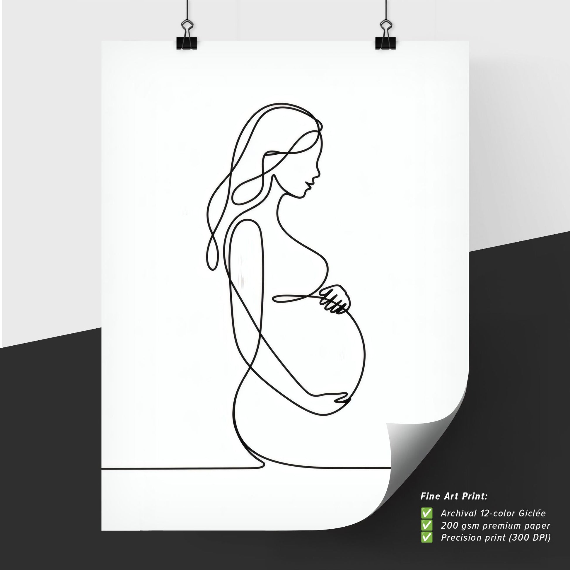 Minimalist Line Art of a Pregnant Woman Embracing Motherhood and New Life in Simple Elegance.