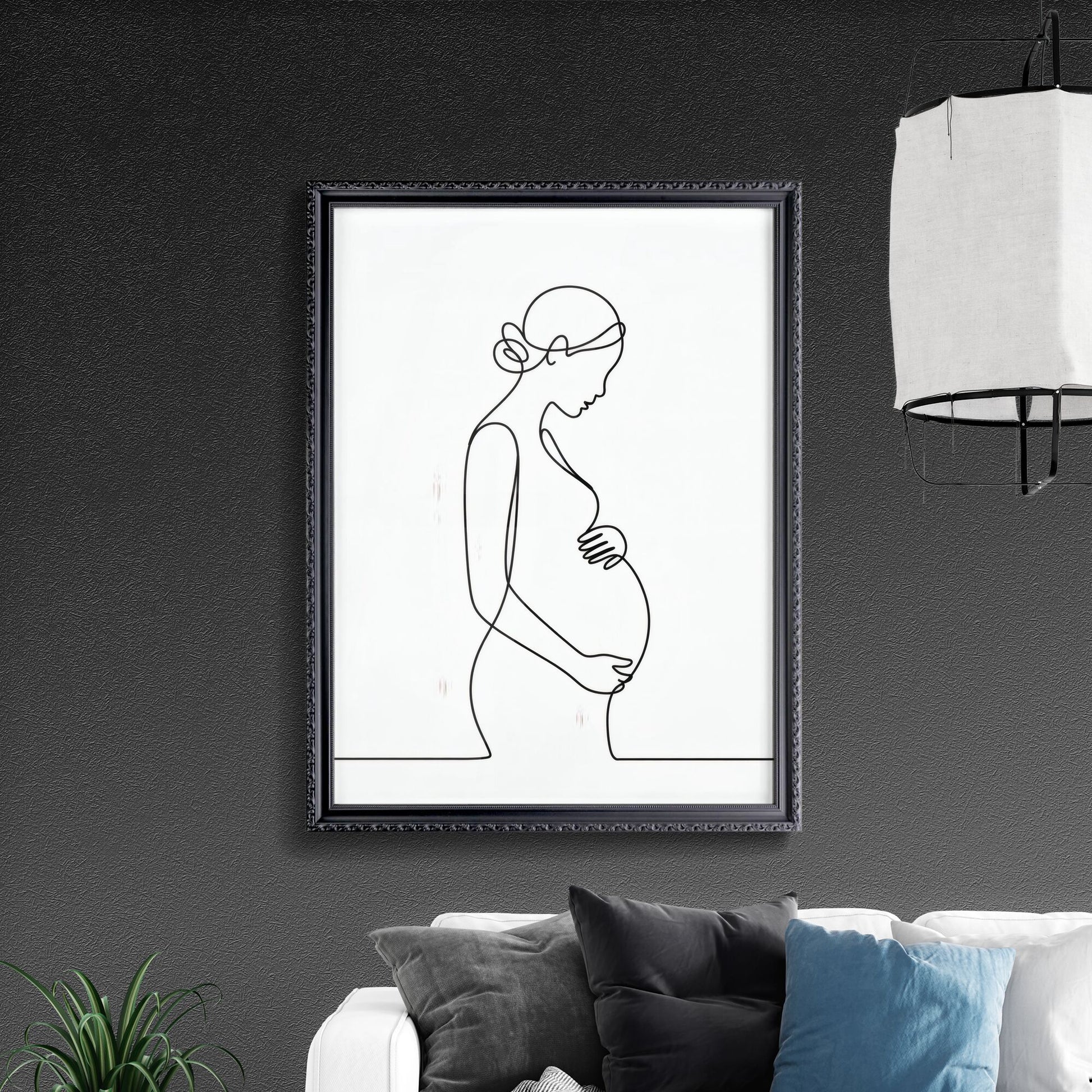 Minimalist Line Art of a Pregnant Woman Embracing Motherhood and Anticipation
