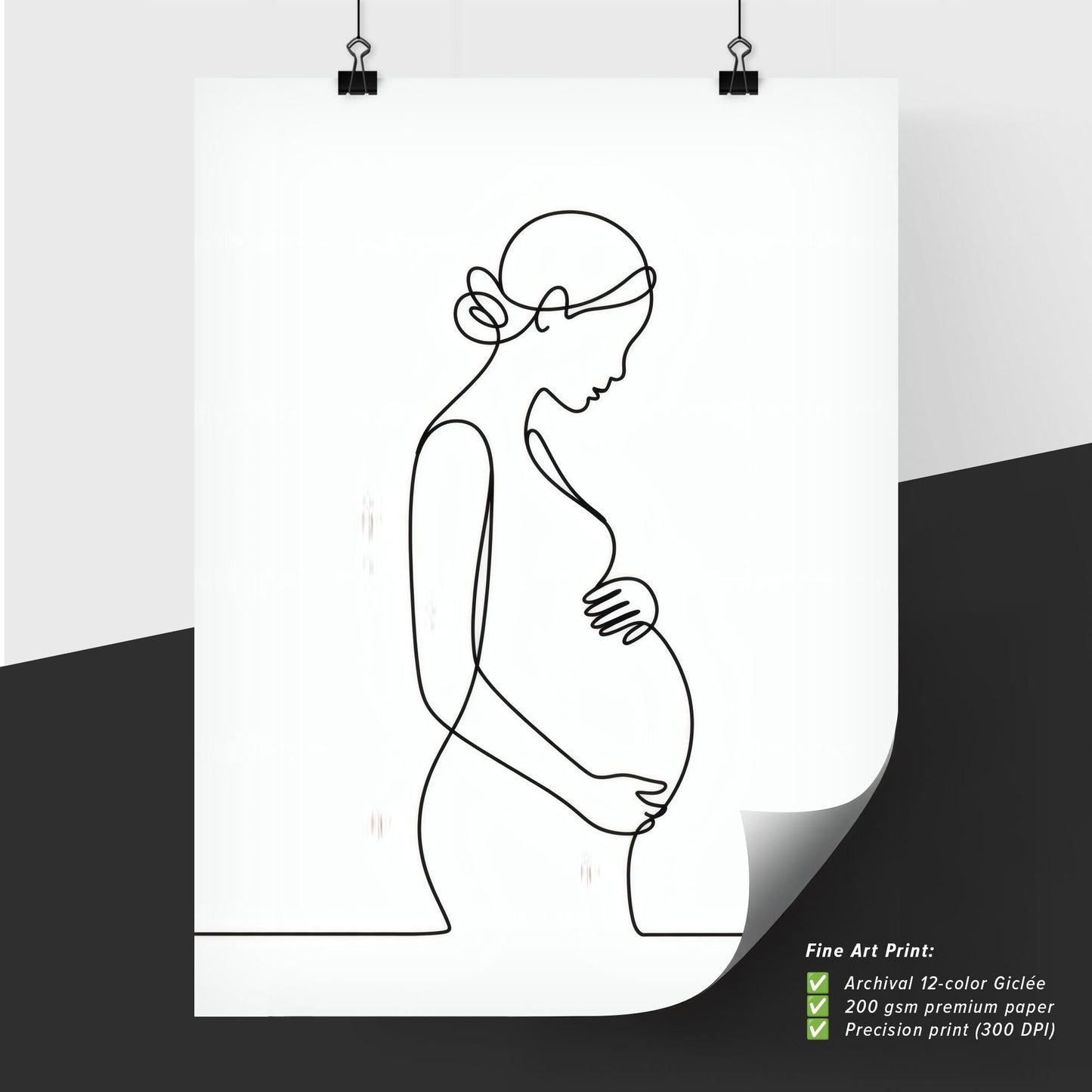 Minimalist Line Art of a Pregnant Woman Embracing Motherhood and Anticipation