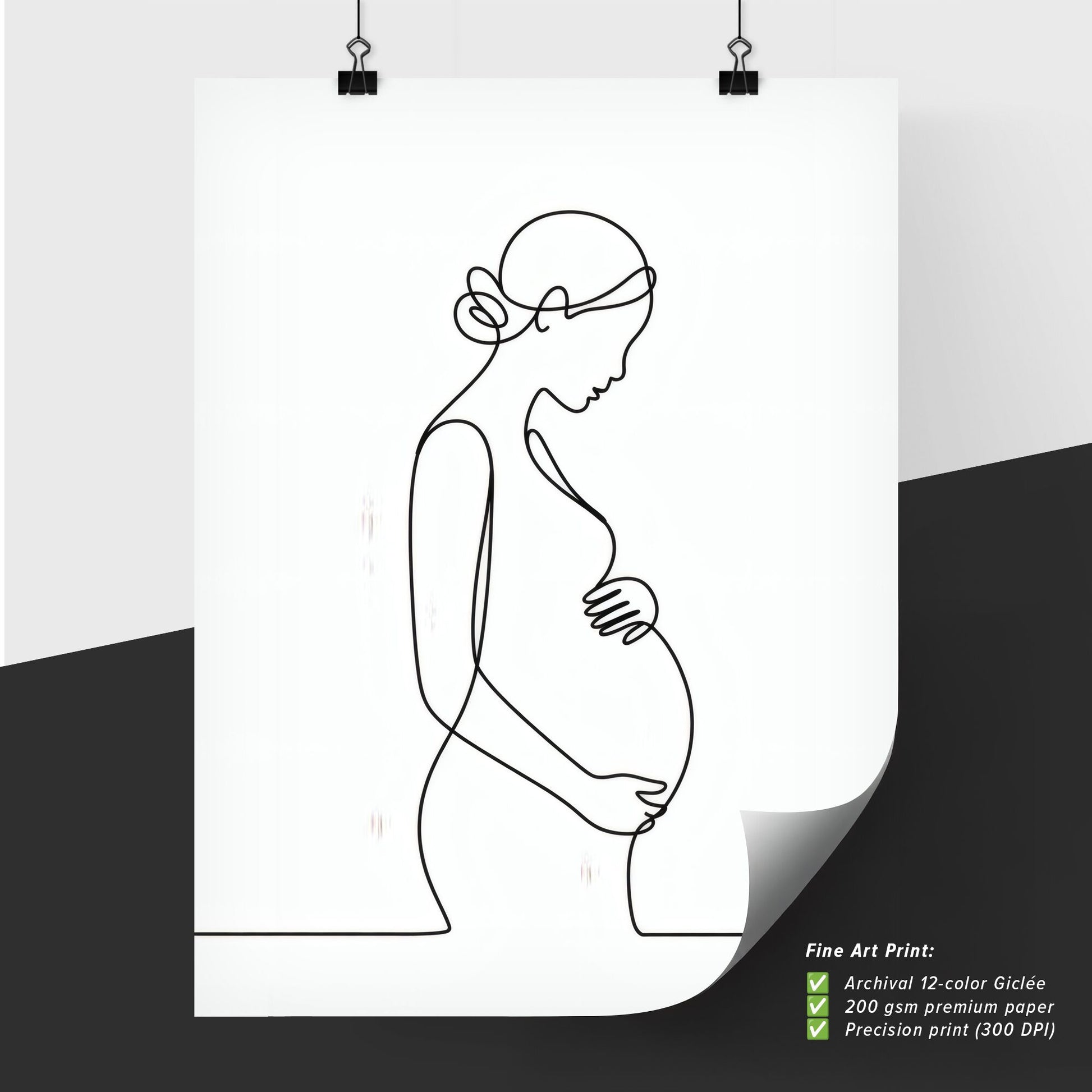Minimalist Line Art of a Pregnant Woman Embracing Motherhood and Anticipation