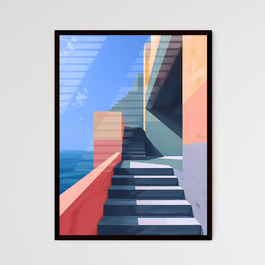 Modern architectural art print with geometric shapes and bold colors, depicting stairs leading to a building Framed Art