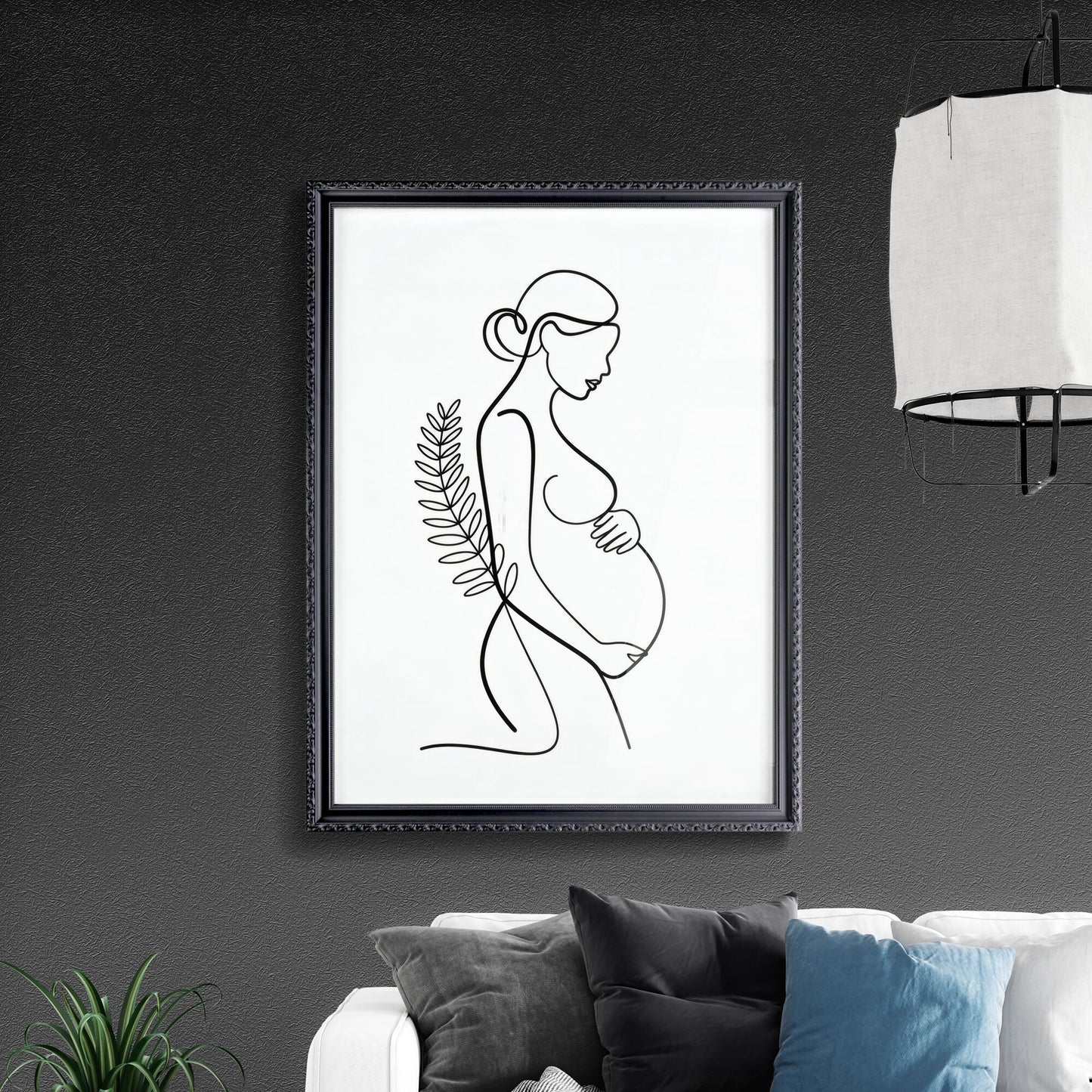 Minimalist Line Art of Pregnant Woman Embracing Her Baby Bump with Botanical Elements